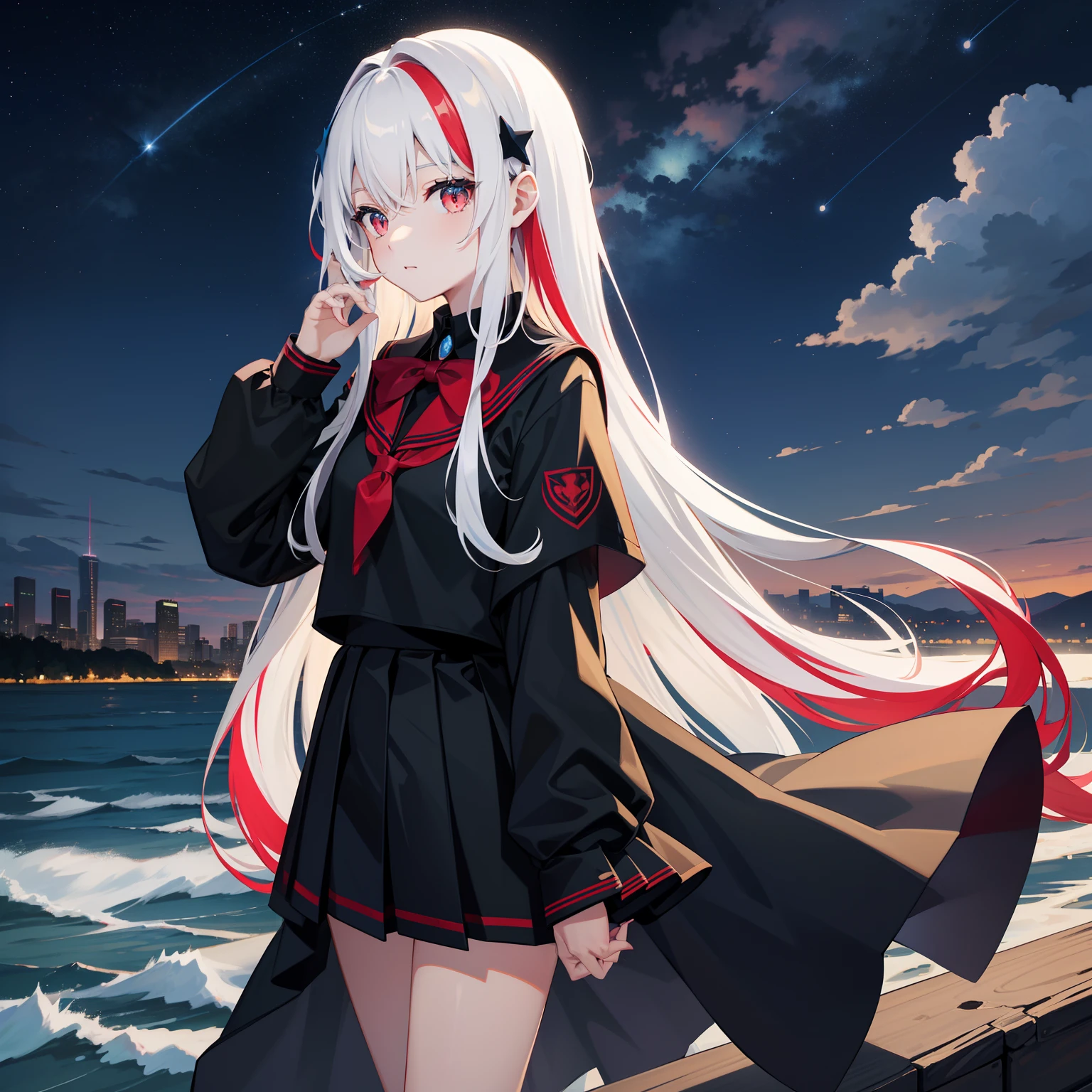 starrysky,Long hair in multicolored colors,red color eyes,black school uniform,horizon,Across the river,Black silk girl