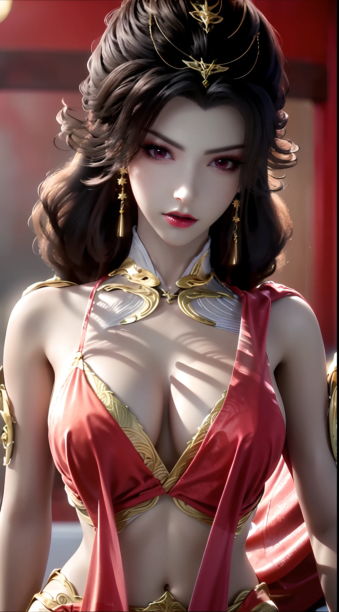 "1 beautiful girl wearing a traditional costume, a long thin pale pink dress made of meticulously made silk, deep slit shirt, historical style costumes, sexy ancient style, jet black curly hair, the most beautiful and detailed hair jewelry, beautiful little face thin eyebrows, the most beautiful and spotless face, ((black iris:0.8)), the very beautiful eyes, big round eyes, ((brown pink color eyes:1.1)), fine and detailed makeup eyelashes, high nose, wearing earrings, small red lips, rosy face, clean face, beautiful face without blemish, smooth white skin, ((big breasts:1.2)), Blums boobs, ((big and super round breasts:1.5)), ((super tight breasts:1.2)), ((breast augmentation:1.5)), beautiful breasts, slim and petite body, ((thin waist: 0.9)), frontal portrait of a beautiful girl, sexy girl, skirt, fishnet stockings color coordinated according to the outfit, pose elegantly, elegantly, and politely, 8k photo, super high quality, super realistic, 10x super pixels, photo realistic, dark studio, border light, two tone light, (detailed skin high: 1.2), 8k uhd, dslr, soft light, high quality, volumetric light, candid, Photo, high resolution, light, best photo, 4k quality, 8k, Bokeh, Smooth and sharp, pixel up 10 times, lightning, super graphics, the most realistic graphics, (((red thunder background:1.4)))1 girl, alone, solo, (((frontal portrait:1))), Extremely sharp, super realistic images, ((outside scene of falling peach blossoms:1.2))), ((angle shot tilted from bottom to 45 degrees)),"