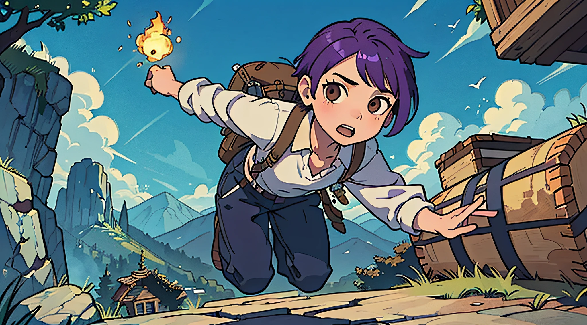 top-quality、masterpiece、((Deformed))、Boy with short purple hair、Brown eyes、Uncharted motifs in the game、Treasure Hunter、Composition that reflects the whole body、mont、Jumping on a cliff