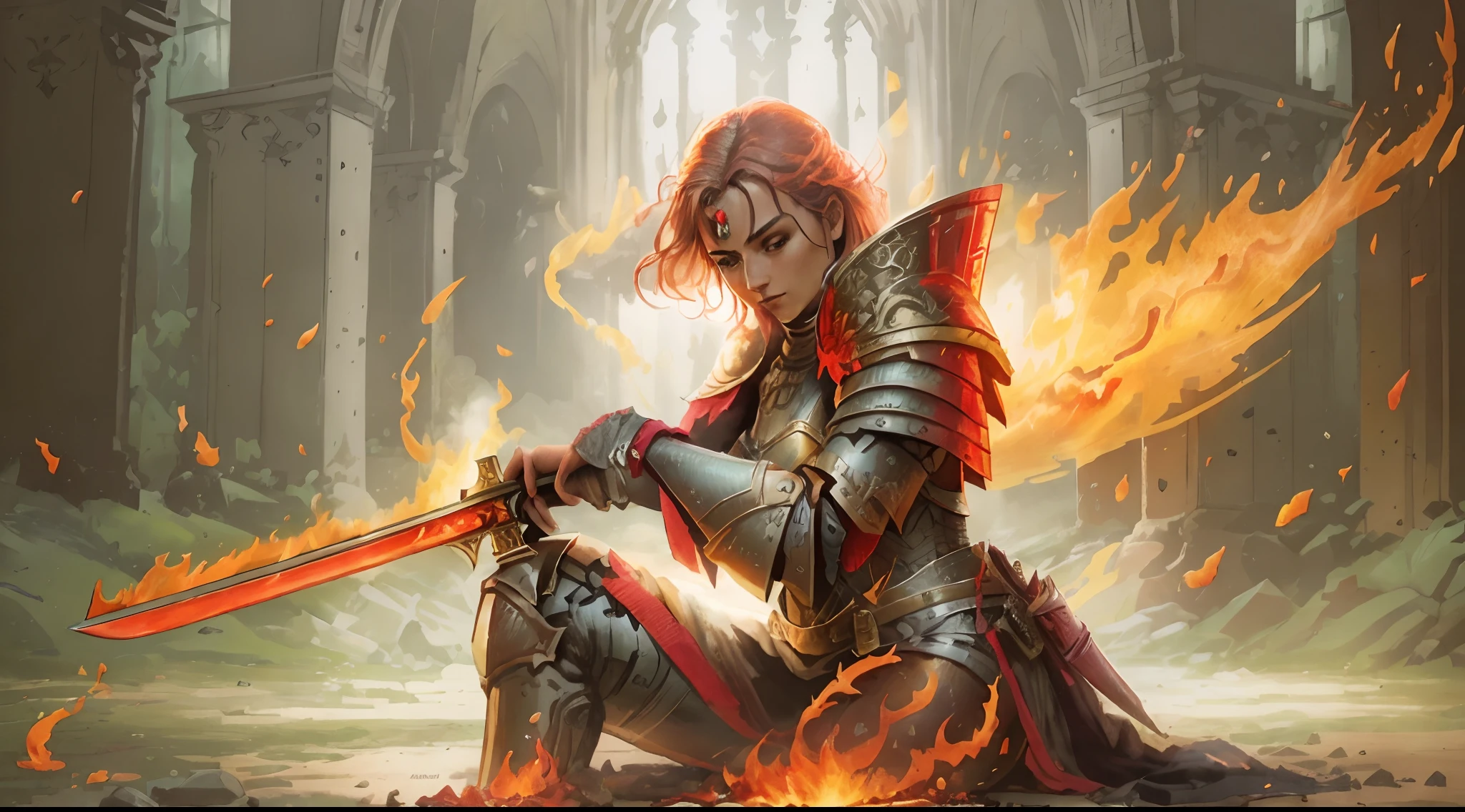 An armored paladin woman kneeling on one knee holding a flaming sword, abstract beauty, Centered, Looking at the camera, Facing the camera, nearing perfection, Dynamic, Highly detailed, smooth, Sharp focus, 8K, high definition resolution, illustration, adobe illustrator, Art by Ramil Sunga, Casper Konefal, Nick Thornborrow, and Matt Rhodes