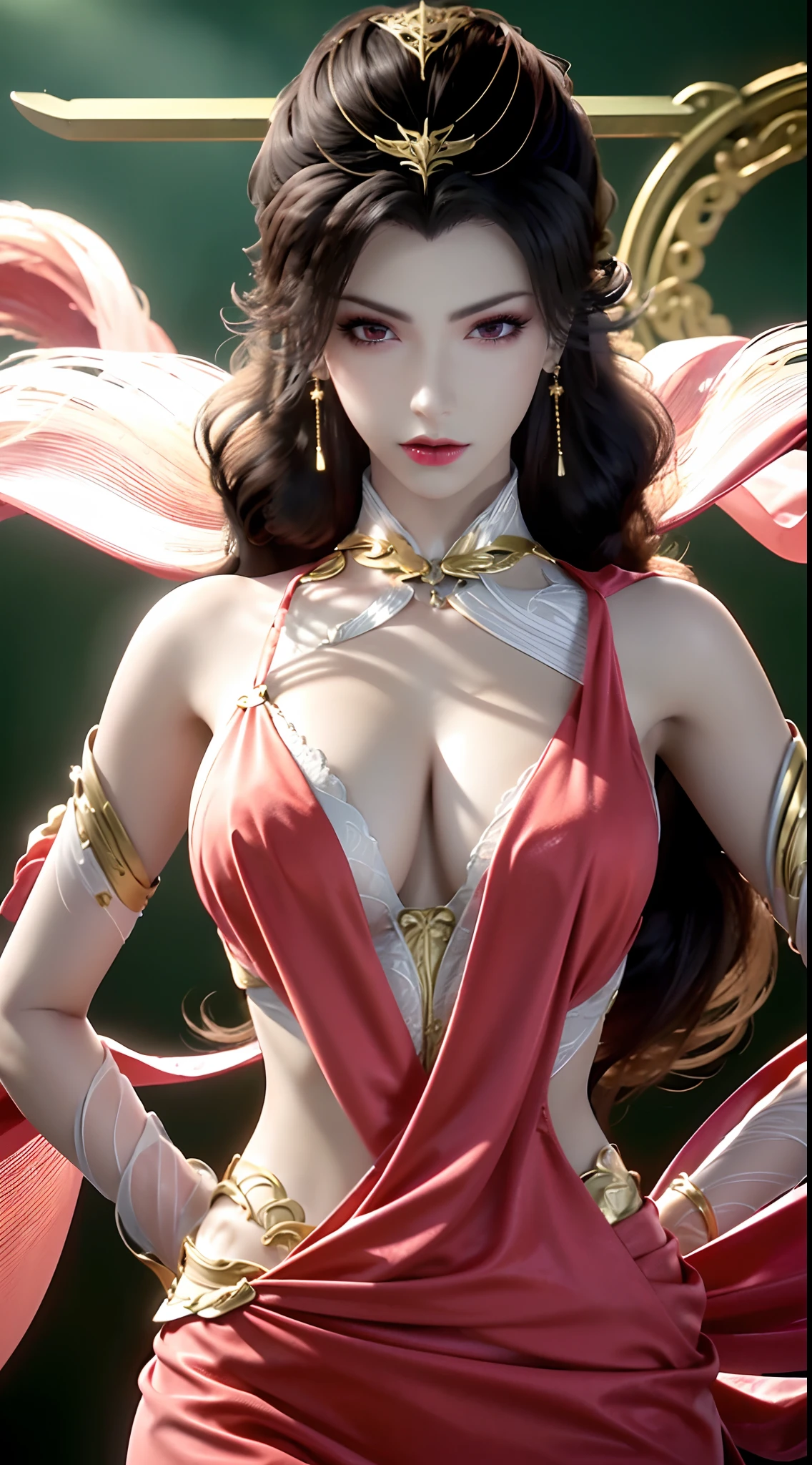 "1 beautiful girl wearing a traditional costume, a long thin pale pink dress made of meticulously made silk, deep slit shirt, historical style costumes, sexy ancient style, jet black curly hair, the most beautiful and detailed hair jewelry, beautiful little face thin eyebrows, the most beautiful and spotless face, ((black iris:0.8)), the very beautiful eyes, big round eyes, ((brown pink color eyes:1.1)), fine and detailed makeup eyelashes, high nose, wearing earrings, small red lips, rosy face, clean face, beautiful face without blemish, smooth white skin, ((big breasts:1.2)), Blums boobs, ((big and super round breasts:1.5)), ((super tight breasts:1.2)), ((breast augmentation:1.5)), beautiful breasts, slim and petite body, ((thin waist: 0.9)), frontal portrait of a beautiful girl, sexy girl, skirt, fishnet stockings color coordinated according to the outfit, pose elegantly, elegantly, and politely, 8k photo, super high quality, super realistic, 10x super pixels, photo realistic, dark studio, border light, two tone light, (detailed skin high: 1.2), 8k uhd, dslr, soft light, high quality, volumetric light, candid, Photo, high resolution, light, best photo, 4k quality, 8k, Bokeh, Smooth and sharp, pixel up 10 times, lightning, super graphics, the most realistic graphics, (((red thunder background:1.4)))1 girl, alone, solo, (((frontal portrait:1))), Extremely sharp, super realistic images, ((outside scene of falling peach blossoms:1.2))), ((angle shot tilted from bottom to 45 degrees)),"