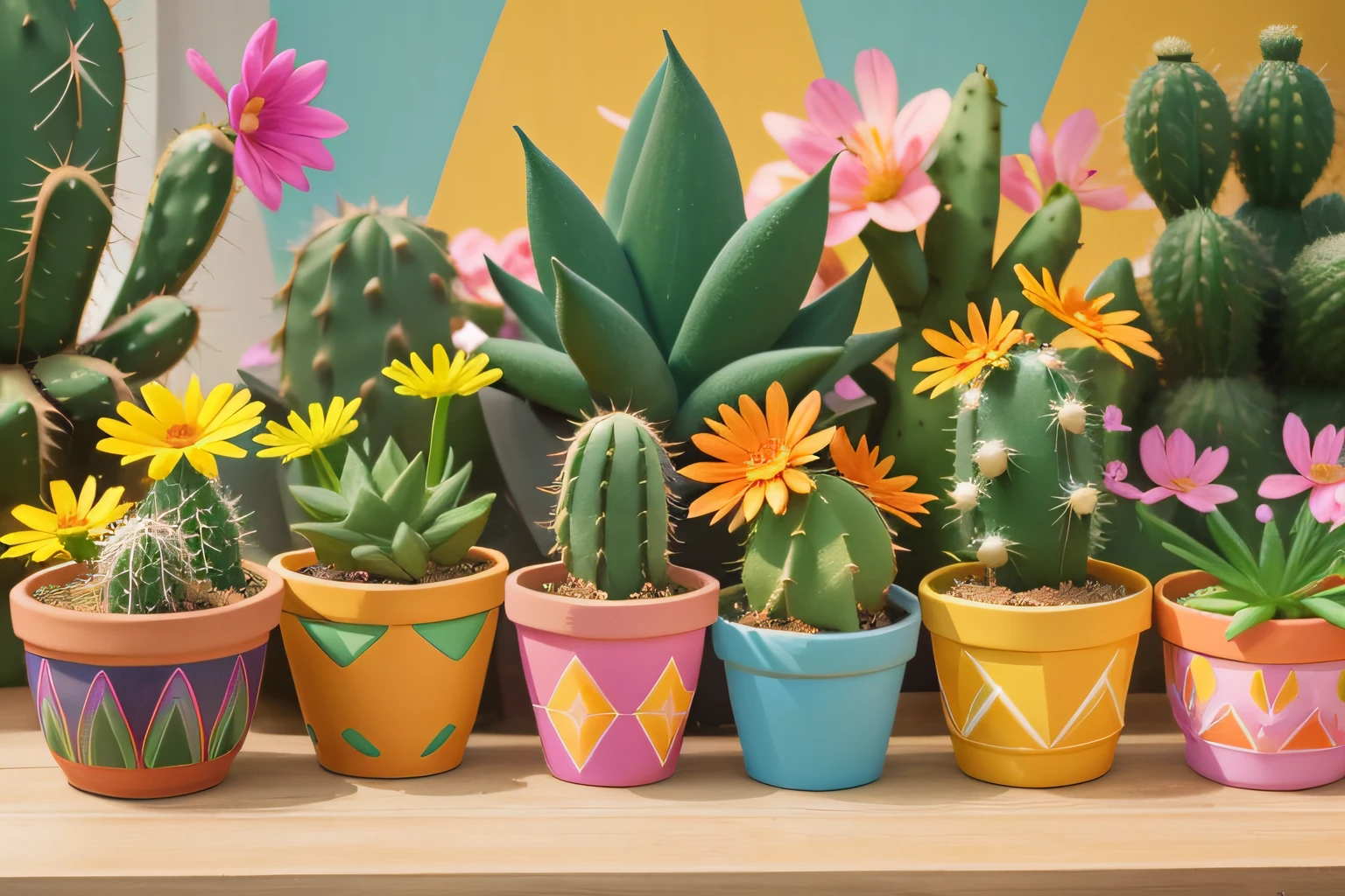 A colection of cacti of different shapes and colors, some of them in bloom, colorful patterned pots