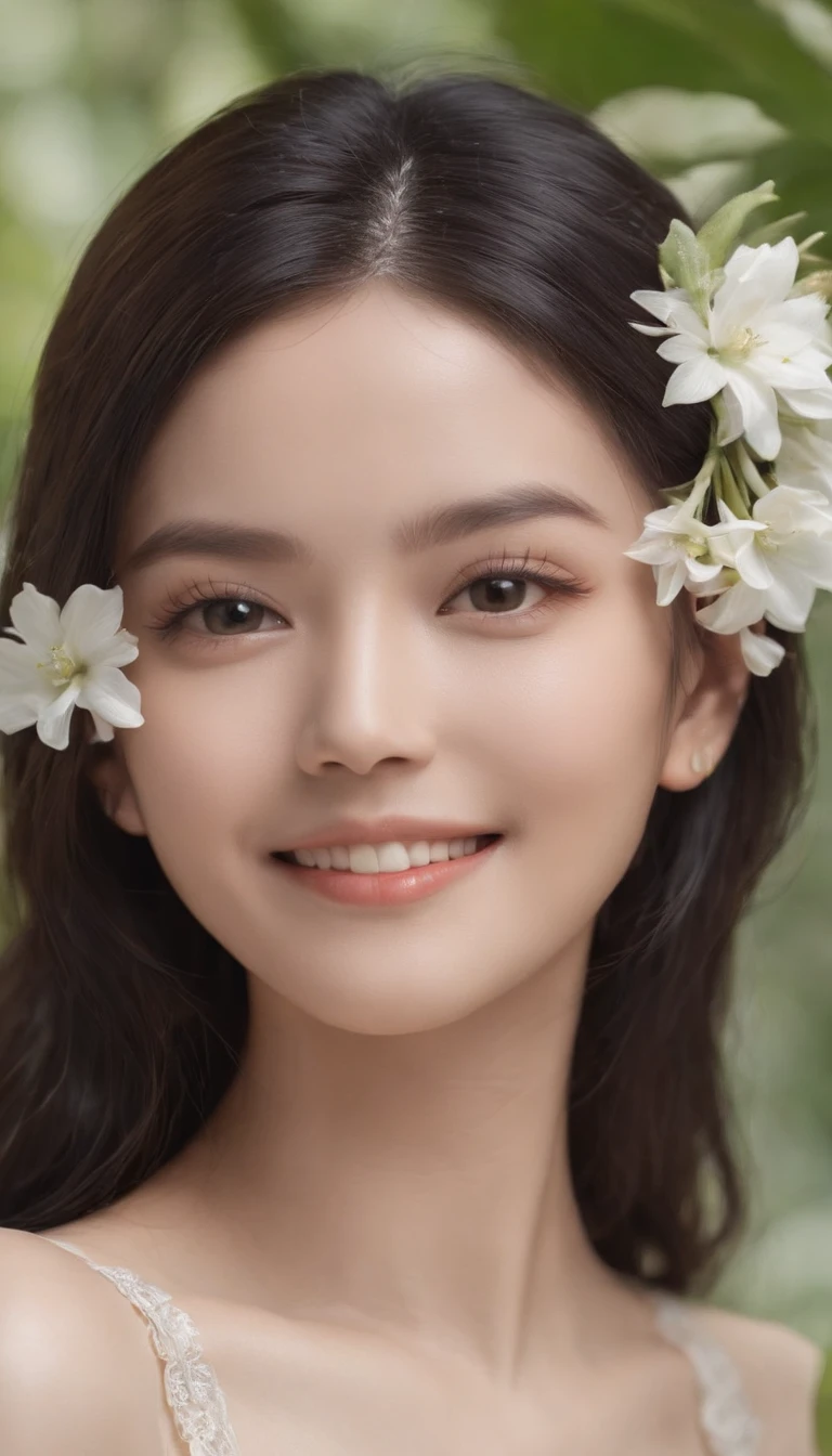 shoulder length black hair witih eye glasses, face the camera, smile, 19 year old girl, cute girl, beautiful girl, indonesian model, white healthy skin, delicate eyes, tied-up hair, ethnic earrings, flower tiara, full body photo, ultra realistic hands, ultra realistic fingers, ultra detailed hands, ultra detailed fingers, (sexy body:1.2), (slim waist:1.2), product photo shot, holds a tiny green tube beauty serum.