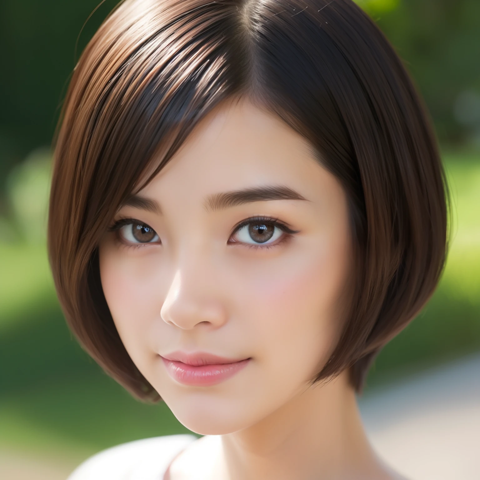 Ultra-realistic capture、 Very detailed、 High resolution 32K human skin close-up。 The texture of the skin is natural.、 The pores need to be fine enough to be discernible。 Skin needs to look healthy with uniform tones。 Use natural light and color、a smile、A slender、A charming、short-hair、Brown eyes、Open chest、knit、Big eyes、Refreshing、Beautiful Japan、shadings、
