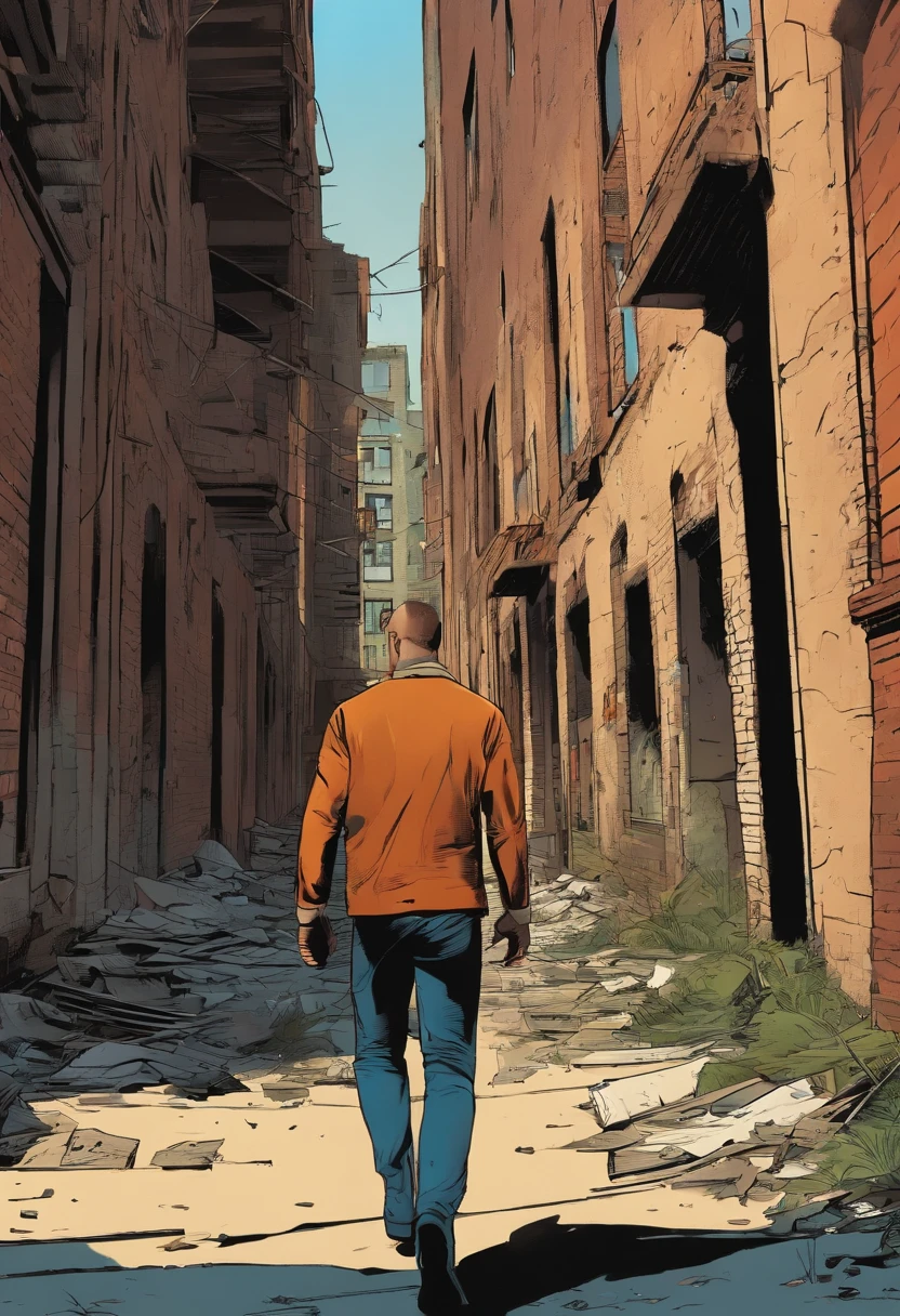 dutch angle asymmetrical view of a comic book character walking through abandoned city: asymmetrical::8 --s 40 --style raw --c 8 --ar 16:9