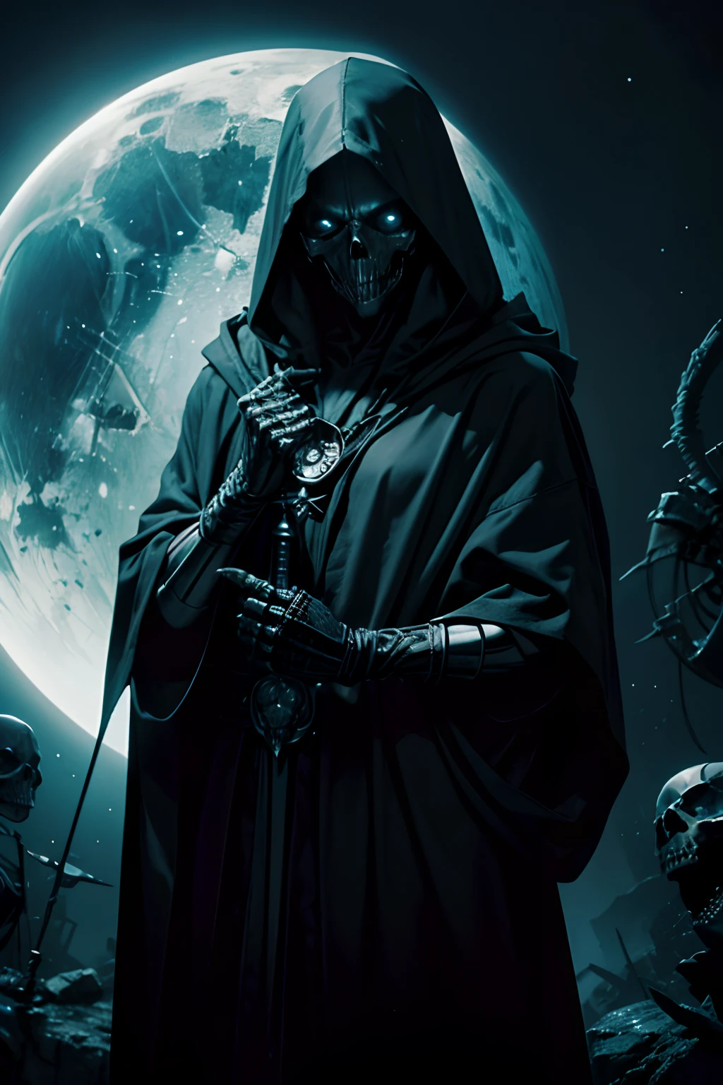 a close up of a person holding a skull in front of a full moon, beautiful male god of death, portrait of grim reaper, evil death, dark cloaked necromancer, grim reaper, the harbringer of death, god of death, dark but detailed digital art, dark hooded wraith, the grim reaper, necromancer, dark fantasy artwork