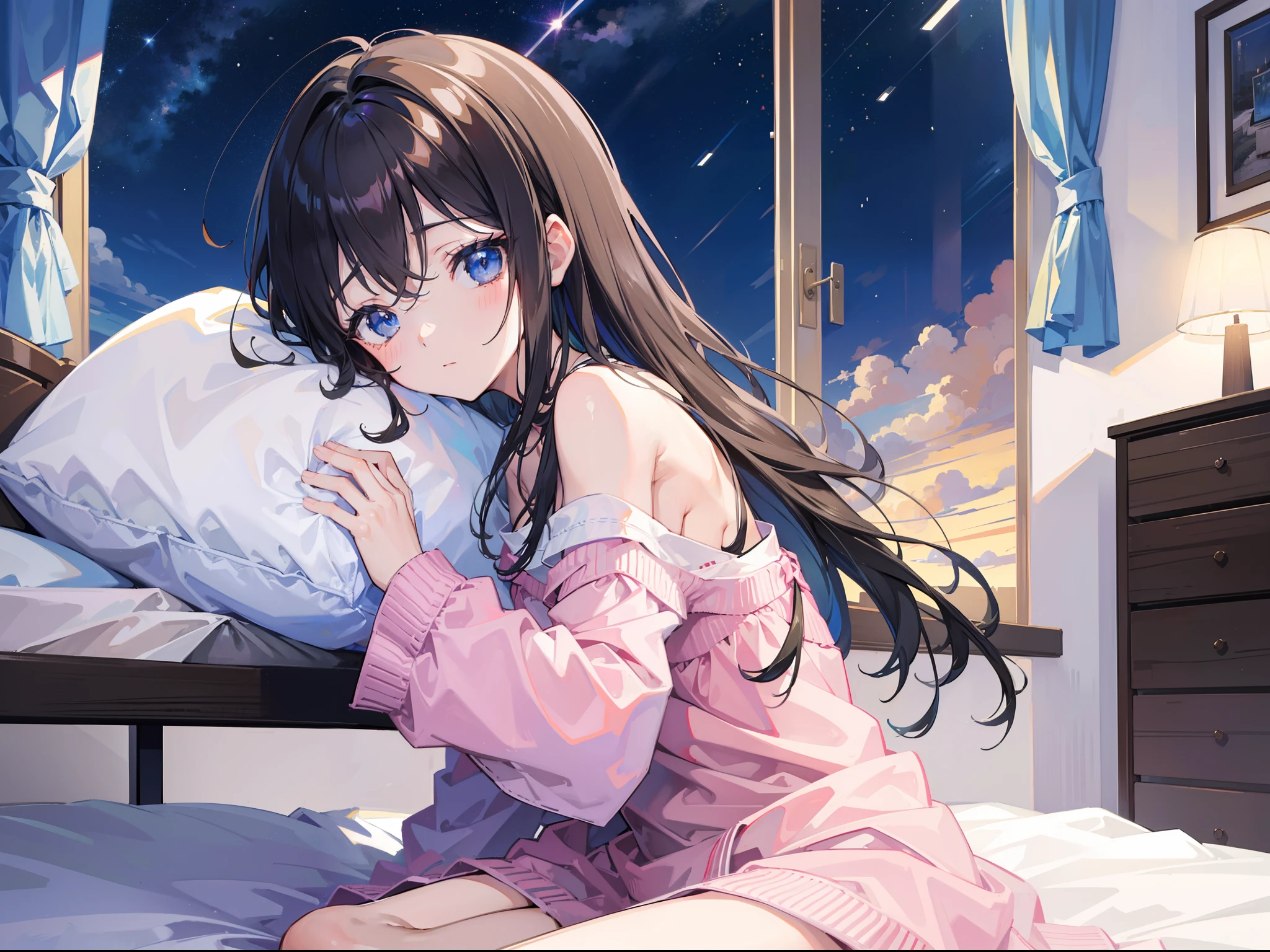 ((masterpiece))、((top-quality))、Sleepy girl、natta、Preparation of beds、nigh sky