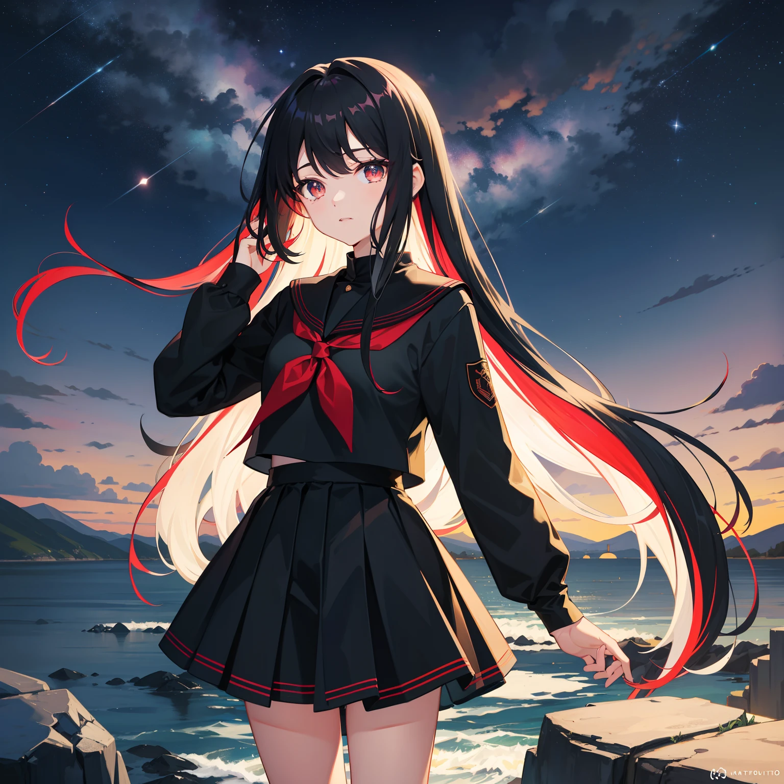 starrysky,Long hair in multicolored colors,red color eyes,black school uniform,horizon,Across the river,Black silk girl