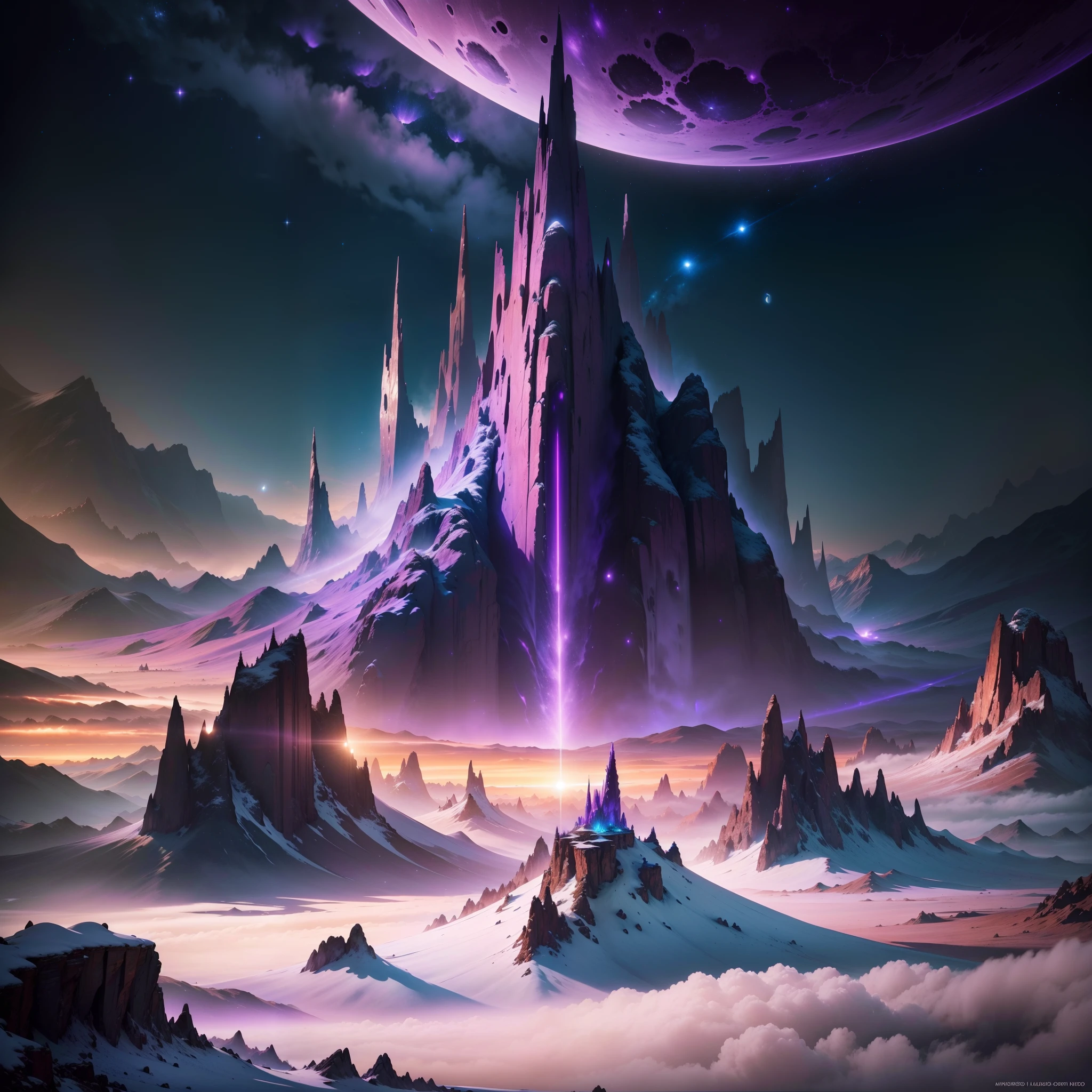 (best quality,4k,8k,highres,masterpiece:1.2),ultra-detailed,(realistic,photorealistic,photo-realistic:1.37),HDR,UHD,studio lighting,ultra-fine painting,sharp focus,physically-based rendering,extreme detail description,professional,vivid colors,bokeh,concept artists,landscape,purple alien planet
In the center of the composition, there is a vast and mesmerizing landscape of a purple alien planet. The landscape is rich in vibrant violet hues, casting an otherworldly glow over the entire scene. It features towering mountains, their jagged peaks reaching towards the sky. The mountains are covered in lush vegetation, with alien plant life and colorful flowers that bloom with vivid and iridescent shades of purple, creating a sense of mystery and enchantment.
The sky above the landscape is a breathtaking display of cosmic beauty. Shimmering stars dot the dark purple sky, their light gently reflecting off the alien planet's surface. A large, radiant moon hovers in the distance, casting a soft, ethereal glow over the land below. The moon is surrounded by a ring of translucent purple clouds, adding to the surreal atmosphere of the scene.
In the foreground of the painting, there are strange and exotic creatures native to the alien planet. These creatures have long, slender bodies and are covered in iridescent purple scales that sparkle in the moonlight. Some of them have elongated limbs and gracefully move through the landscape, while others are perched on the branches of the vibrant purple trees, their jewel-like eyes reflecting the surrounding beauty.
The overall quality of the image is of the highest level, with a resolution of 4k or 8k, capturing every exquisite detail of the landscape and its inhabitants. The rendering is ultra-detailed and photorealistic, giving a true-to-life representation of the alien planet. The use of HDR and UHD technology enhances the vibrant colors and sharp focus of the scene, creating a visually stunning masterpiece.
The artist has skillful