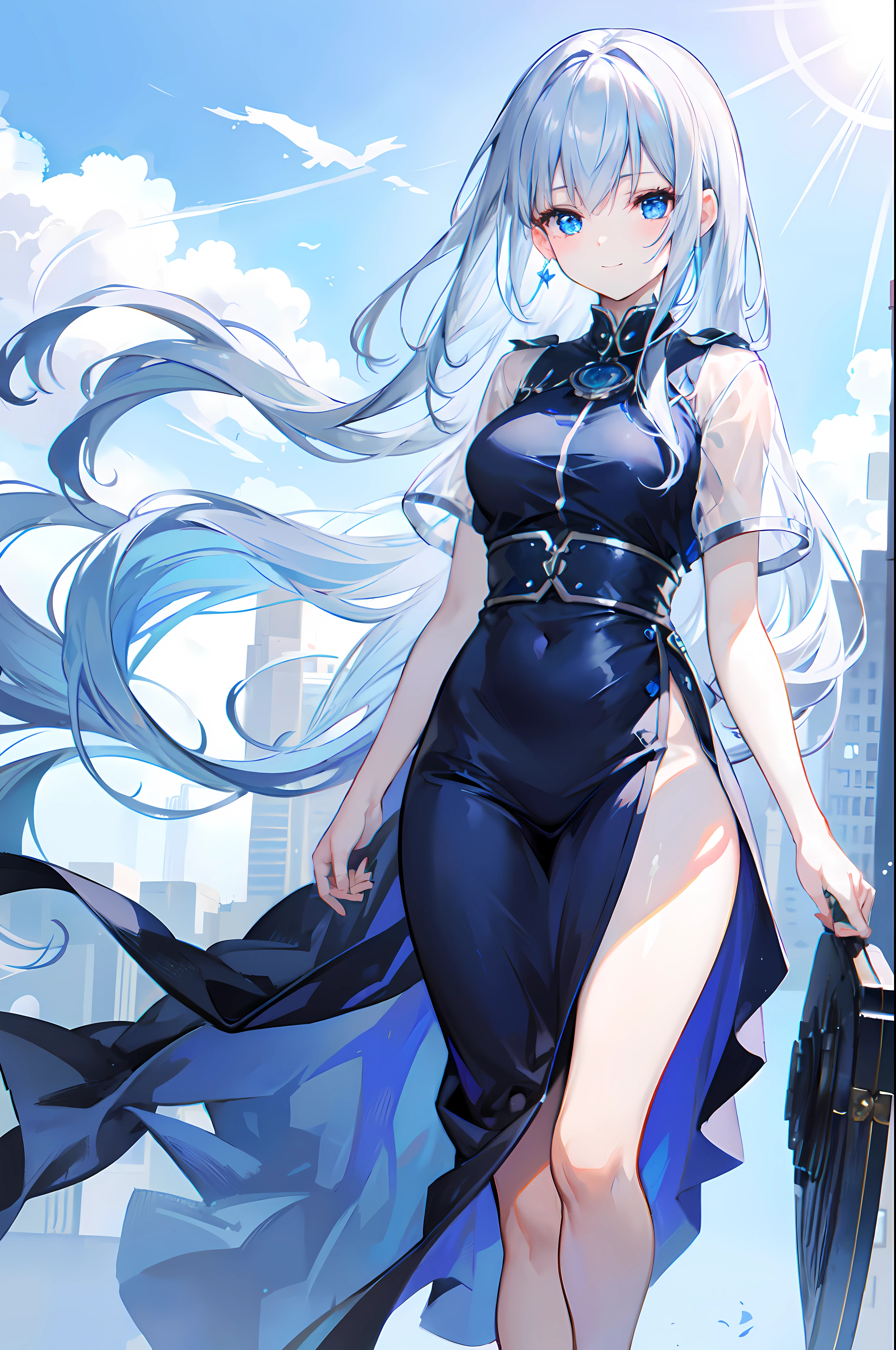 Silver blue hair, long hair, wind blowing, full adult body, light smile, blushing, masterpiece, ultra detailed, cinematic shot, blue eyes, sunlight