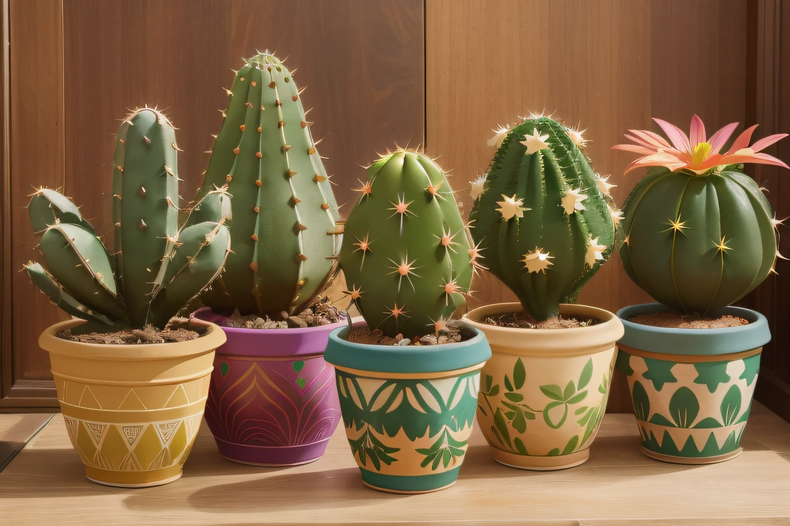 A pre-raphaelite colection of cacti of different shapes and colors, some of them in bloom, colorful patterned pots