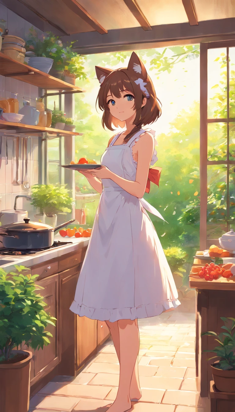 Anime cat ear girl standing in garden in white dress, Make breakfast in the kitchen，loli in dress, ??????????? loli, Guviz-style artwork, Guweiz in Pixiv ArtStation, guweiz on artstation pixiv, Guviz, small loli girl, soft anime illustration, Anime visuals of cute girls, Detailed Digital Anime Art、Cooking in the Kitchen，