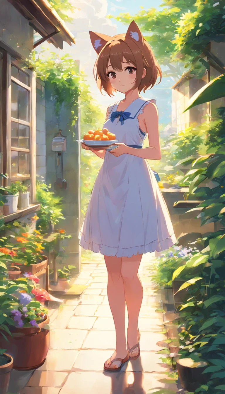 Anime cat ear girl standing in garden in white dress, Make breakfast in the kitchen,loli in dress, small curvy loli, Guviz-style artwork, Guweiz in Pixiv ArtStation, guweiz on artstation pixiv, Guviz, small loli girl, soft anime illustration, Anime visuals of cute girls, Detailed Digital Anime Art、Cooking in the Kitchen,