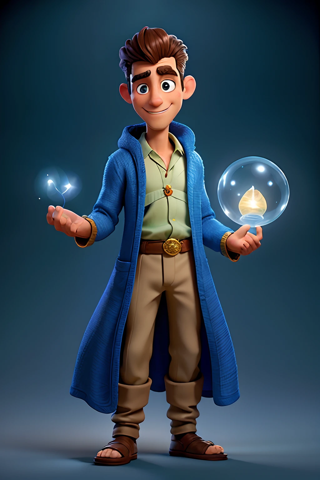 A man who is a magical “Arabian Nights” Jinni, holding out a glowing orb, with lighting bolts from his fingers, background is a springtime garden, daytime light, mood is operative, resolute, propitious, intelligent, character design.