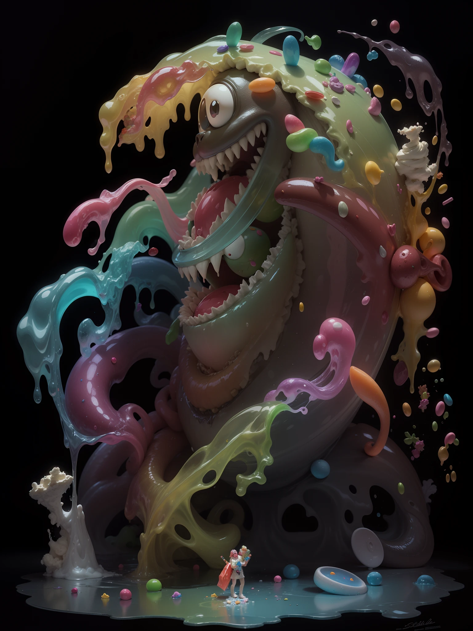 Stephen Gibb Art of a Multicolored Gelatin Monster, made of Ice cream, Gum drops, candy, sprinkles,
