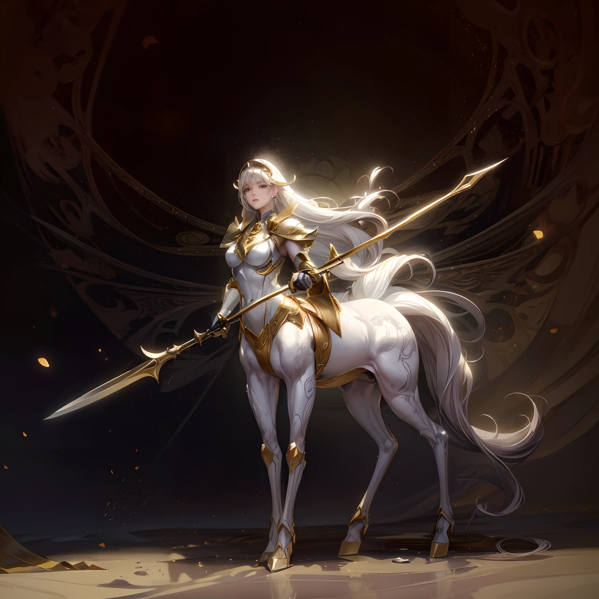 1 Female knight，Ride a white horse,anatomy correct, (Exquisite helmet)，Gold armor，Delicate pattern，Oriental elements，Ink painting style, Clean colors,Golden space, Soft lighting, ( Bokeh)，Masterpiece, Super detailed, Epic composition, Highest quality, 4K，