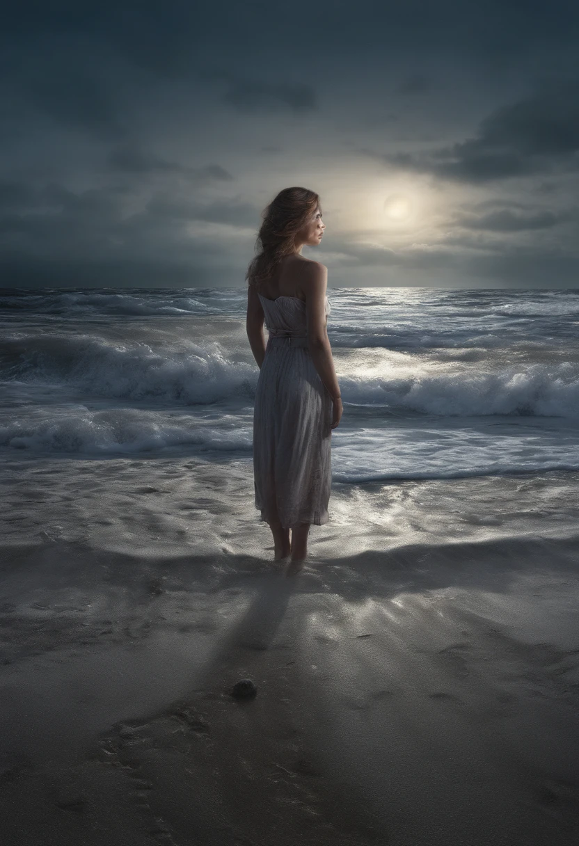 A lone woman stands at the water's edge on a moonlit beach.