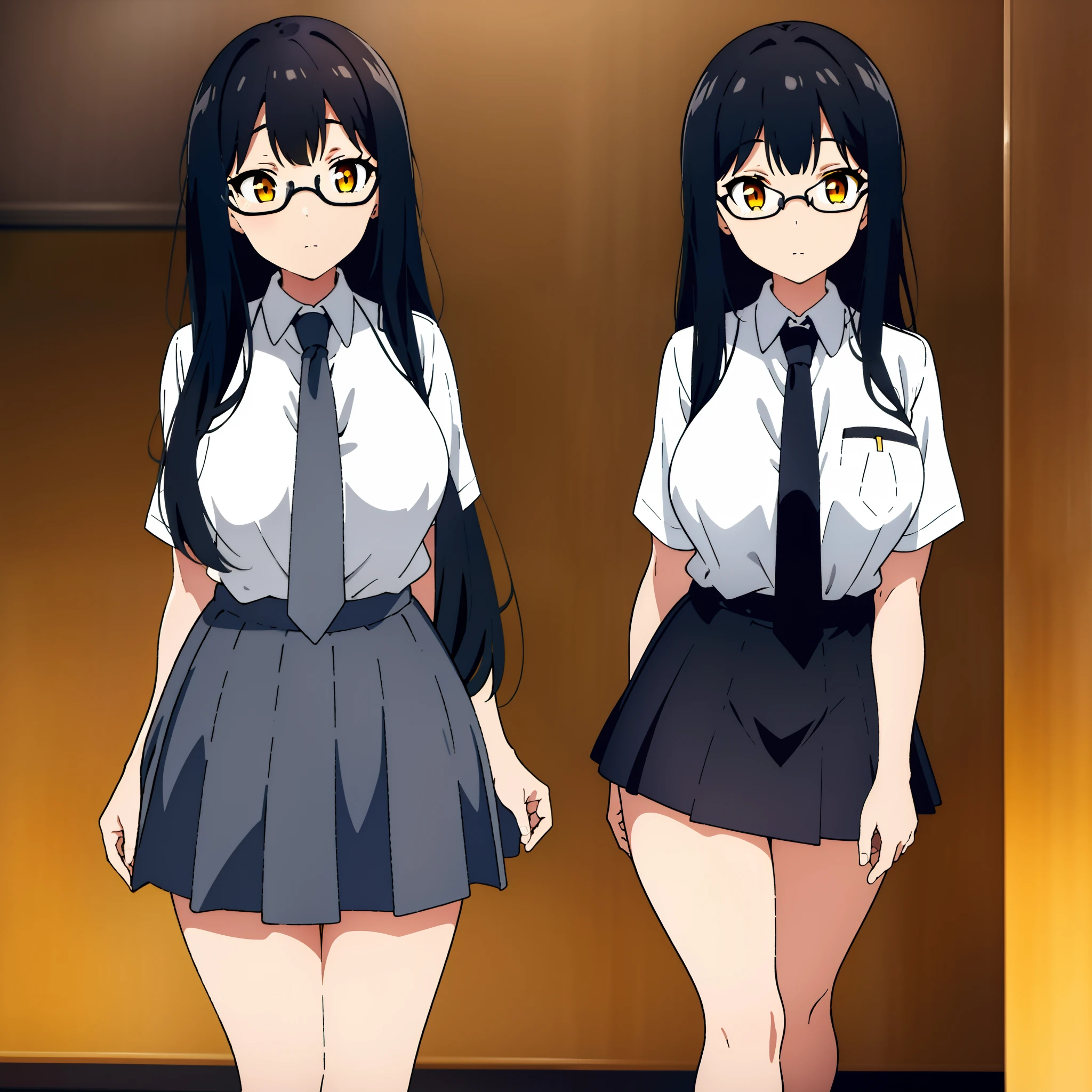 1girl, black hair, wearing glasses, golden yellow eyes, beautiful, work, masterpiece, 8k, ultra detail, at school, short white shirt, short light gray skirt, big breasts, colorful, light gray tie, big hips