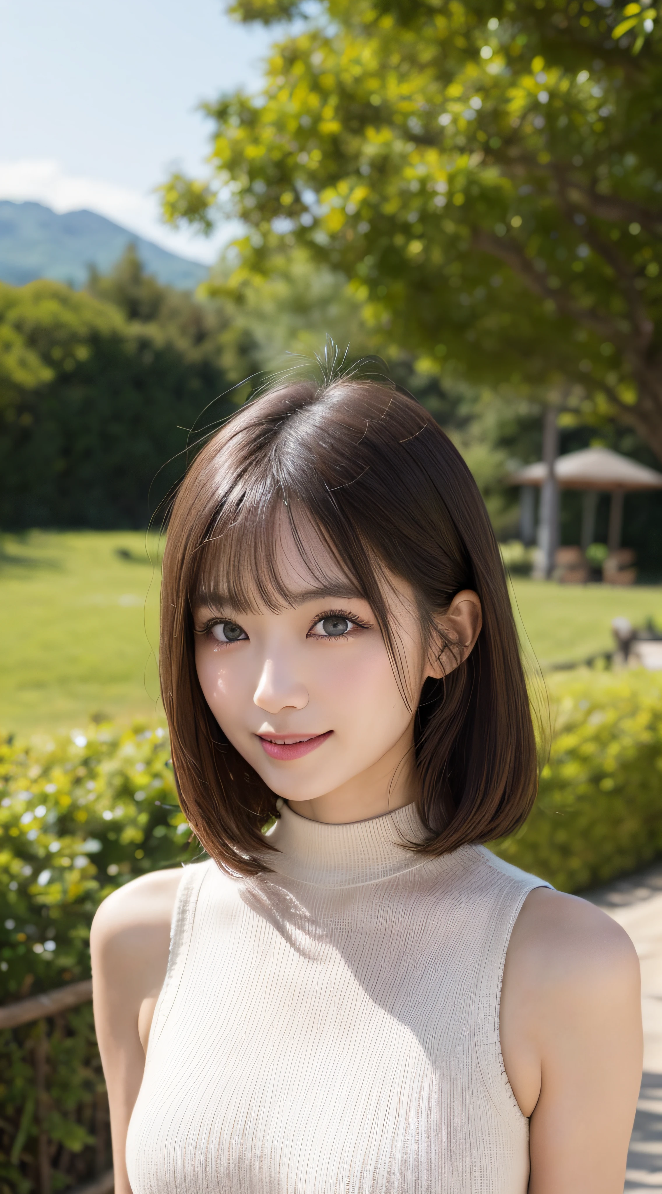 masterpiece, best quality, ultra-detailed, intricately detailed hyperdetailed, realistic, sharp features, highly detailed, sharp focus, (18 years old:1.3), perfect face, perfect symmetrically eyes, perfect full lips, hyper detailed, hyper realistic, high resolution, Fashion Model, Slender, Japanese Idol, brown hair, Stylish, Realistic, Photorealistic:1.3, Beautiful Face, light brown hair, messy hair, Beautiful hairstyle, Neat clothes, (grin), (tight fitting Black tops:1.2),