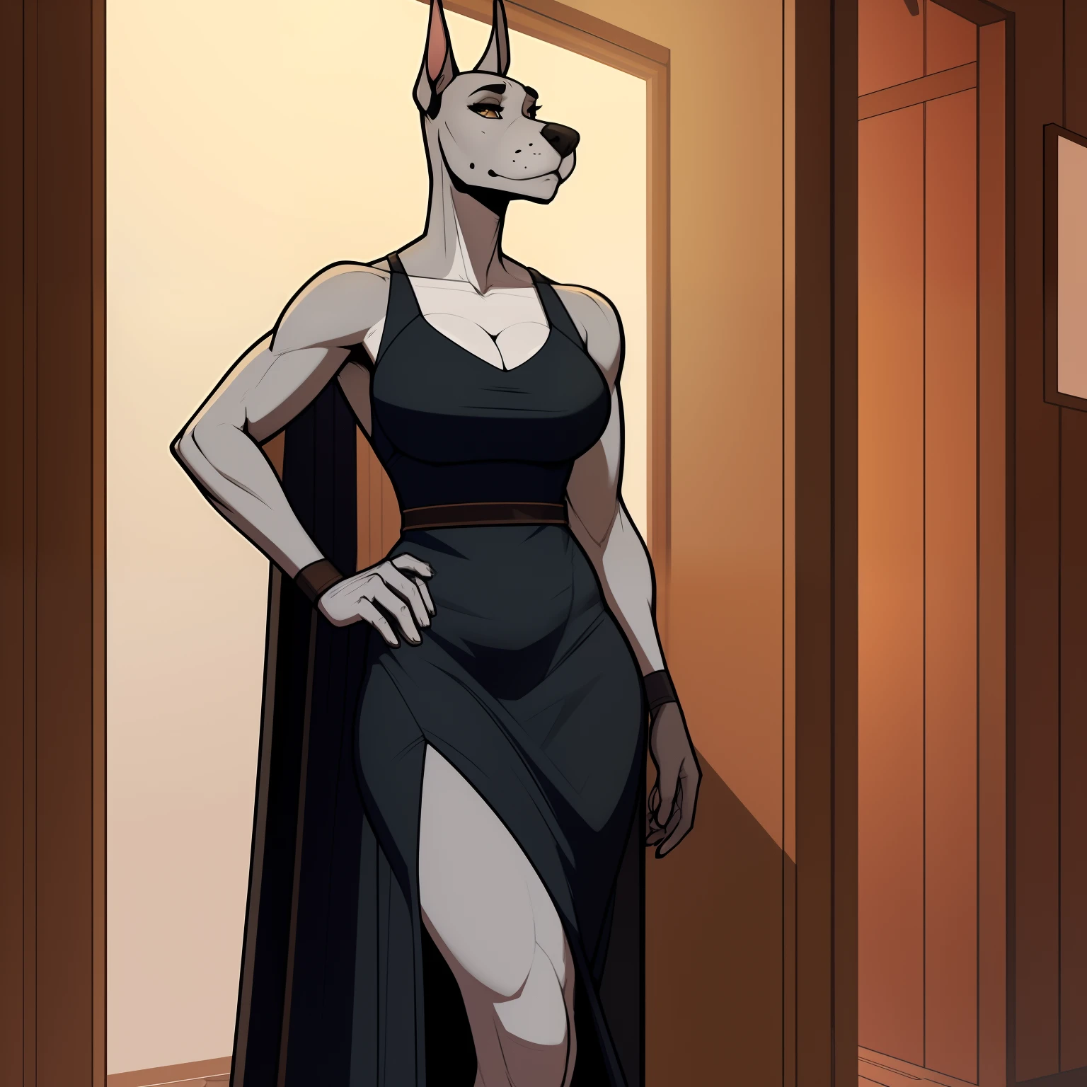 Tall_lanky_muscular_mature_great_dane female gray_furry_body brown_eyes dress solo Masterpiece best_quality absurdres highly_detailed cleanly_drawn_eyes anthro_only by_claweddrip, by_greasymojo, by_underscore-b, by_runawaystride