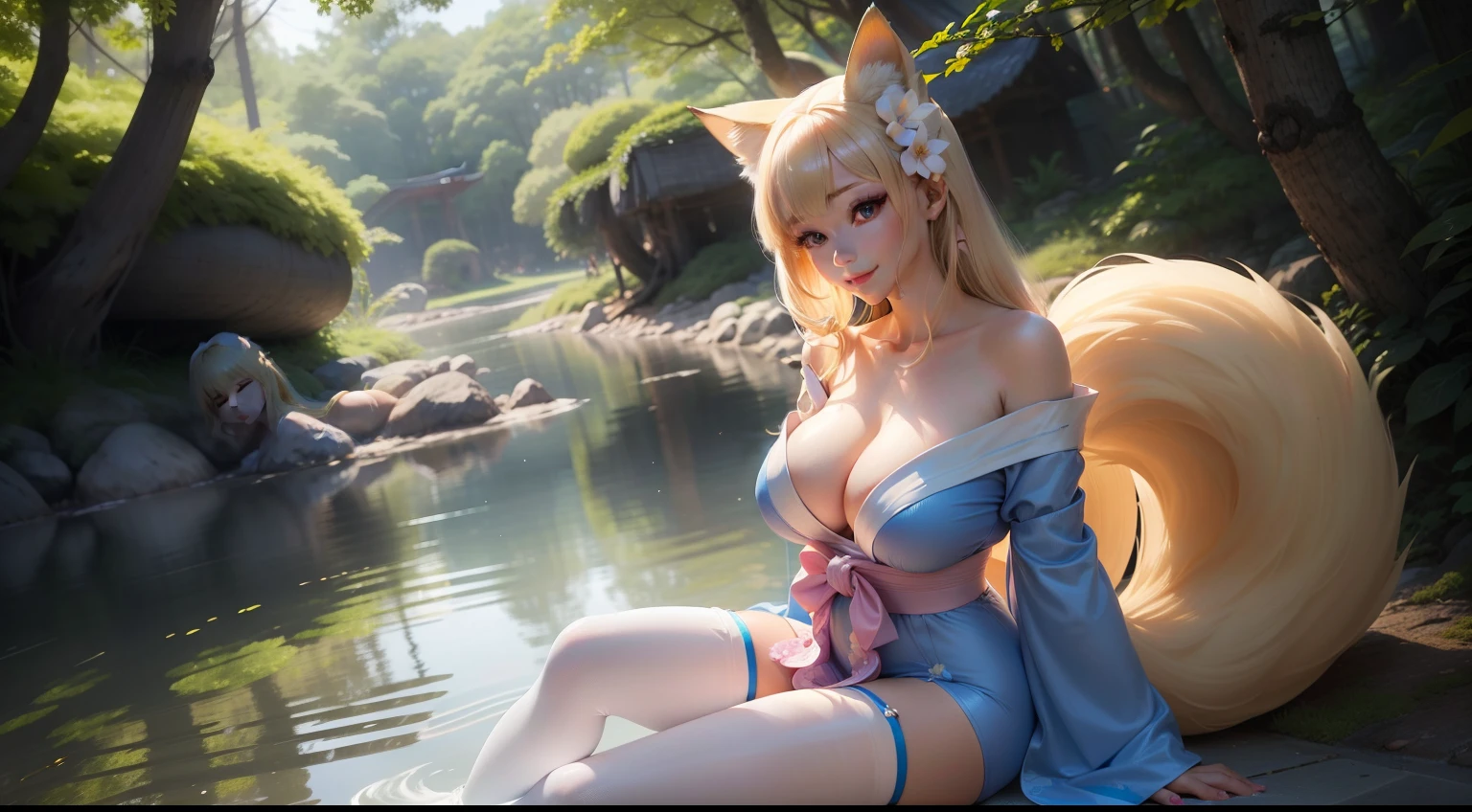 An adult kitsune with long blonde hair, bangs covering forehead, bright blue eyes, glossy pink lips, smiling, her clothes resemble a quite expensive look wearing a tight and short one-piece white yukata with flower patterns which hugs and covers her perfect curves showing off the size of her big breasts and slim waist, she wears the yukata off-shoulder but still covers her breasts. Matching blonde fox tail on lower back. White nylon stockings. She poses in front of a blue lake in a bright fantasy forest. One person, front view, full body.