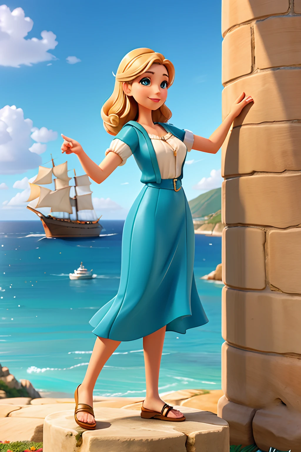 A woman who is a beautiful Greek muse, pointing to a sailing ship, background is ocean horizon, mood is inspirational, motivational, harmonious, revealing, daytime light, character design.