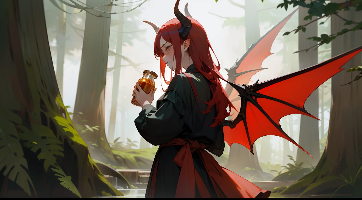 one-girl，Red-haired demon，There is a pair of dragon wings on the back，Western fantasy，Fairytales，There is a pair of dragon horns on the head，Holding a jar of honey in his hand，Stand in the forest，Works of masters，A high resolution，Exquisite facial features