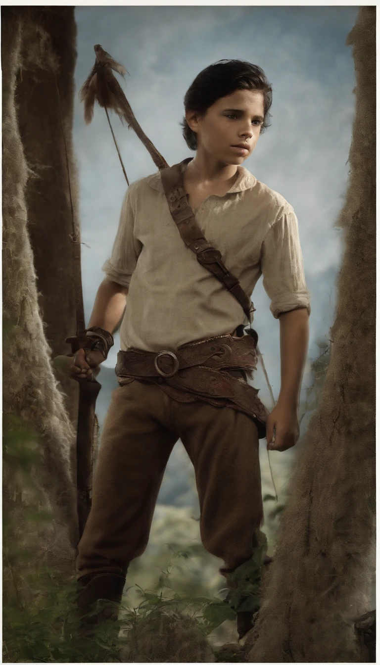 Twelve-year-old boy wearing a white tank top with an arrow stuck in his chest and possessing short, straight black hair and black eyes and riding a horse that is jumping under the wreckage of burning woods, vila em chamas, noite, goblins mortos
