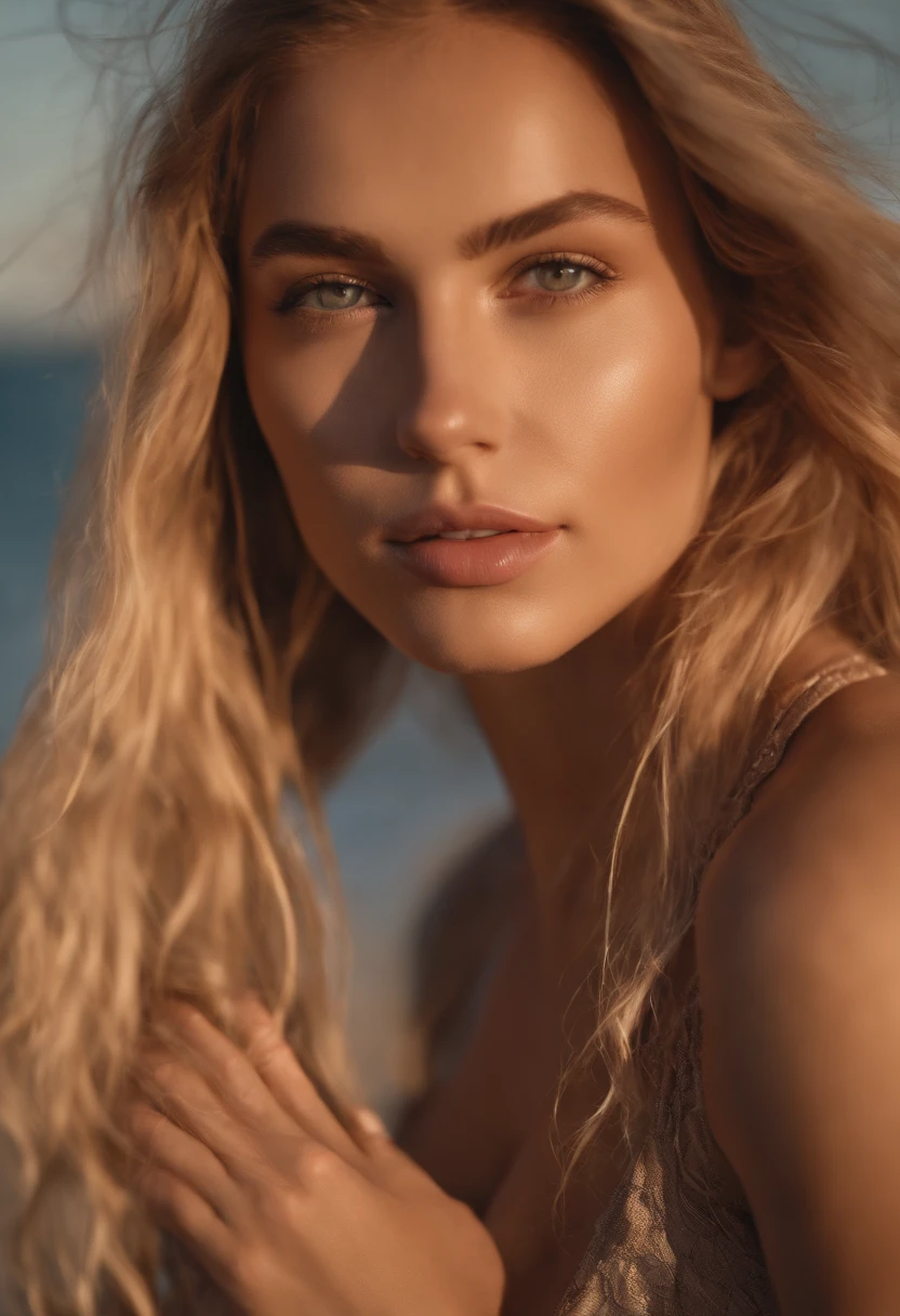 RAW, analog, Nikon Z 85mm,((best quality)), ((masterpiece)), ((realistic)),far fromthe camera image, LenkaRegalova, blond, 18 year old, posing in a beach, wearing lingerie petite, smile with teeth showing, ((large breasts)), intricate details, highly detailed, sharp focus, professional, 4k, god rays, hand model, stunning brown eyes, petite,strong chin big ramus dnot defined jawline  huge strong cheekbones highset cheekbones big eyes. great face projection highres, detailed facial features, high detail, sharp focus, smooth, extremely detailed, photo_\(ultra\), photorealistic, realistic, post-processing, max detail, roughness, real life, ultra realistic, photorealism, 8k uhd, SEMI-SILHOUETTE light, slavic face, long blond hair, beautiful hair, real face face