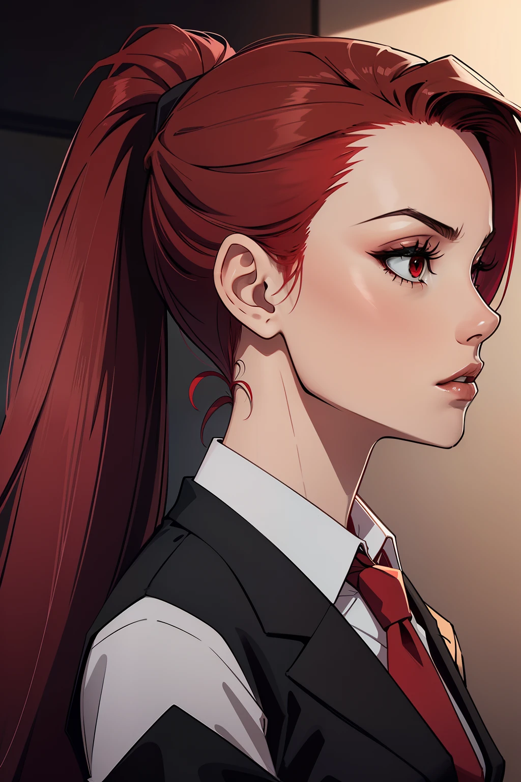 woman, red ponytail hair, wearing a black office suit, red tie,black office skirt, fear, no background