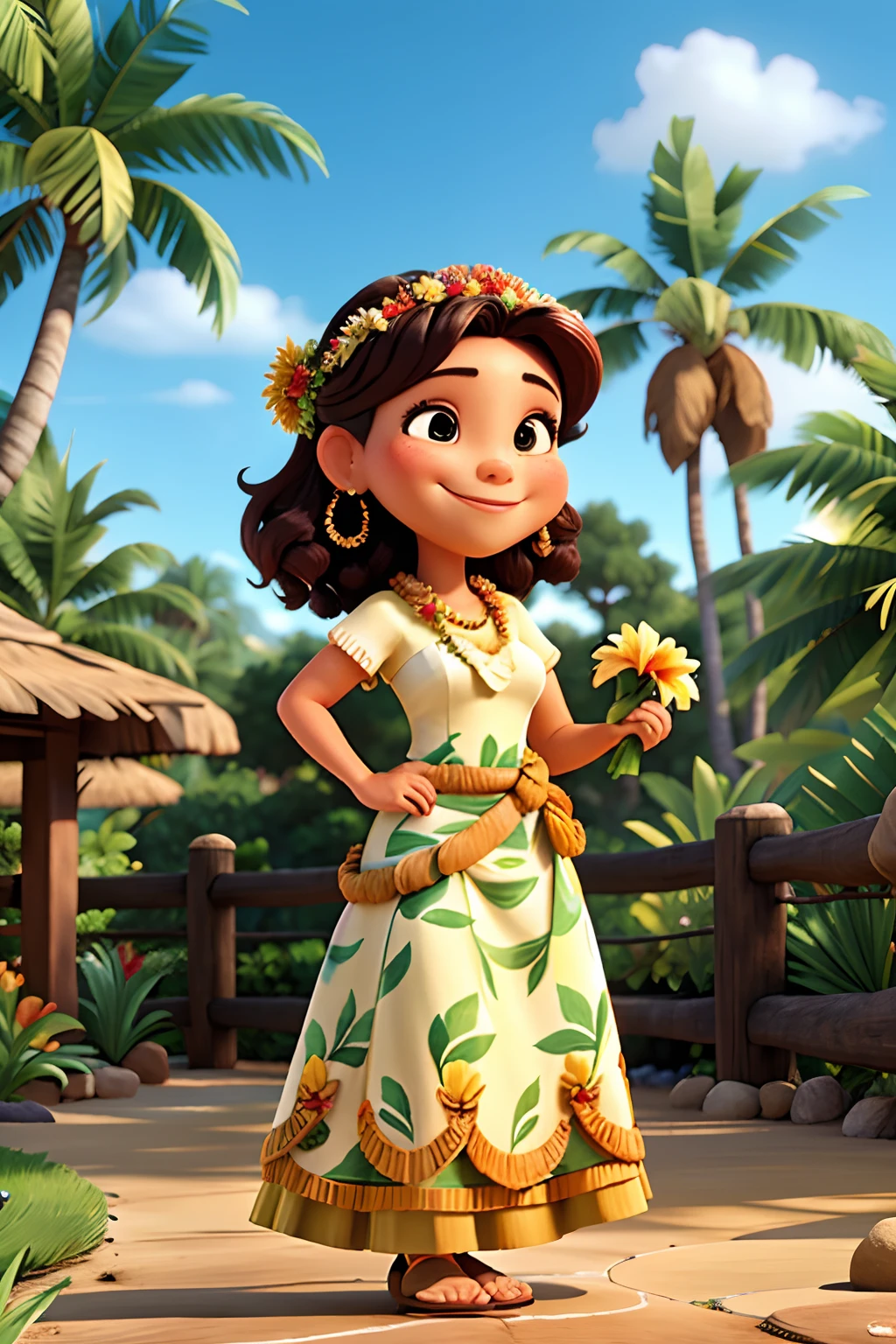 A woman who is a beautiful smiling, native Hawaiian hula woman, holding a flower to her nose, background is a tropical garden, mood is delicate, sensitive, loving, happy, daytime light, character design.