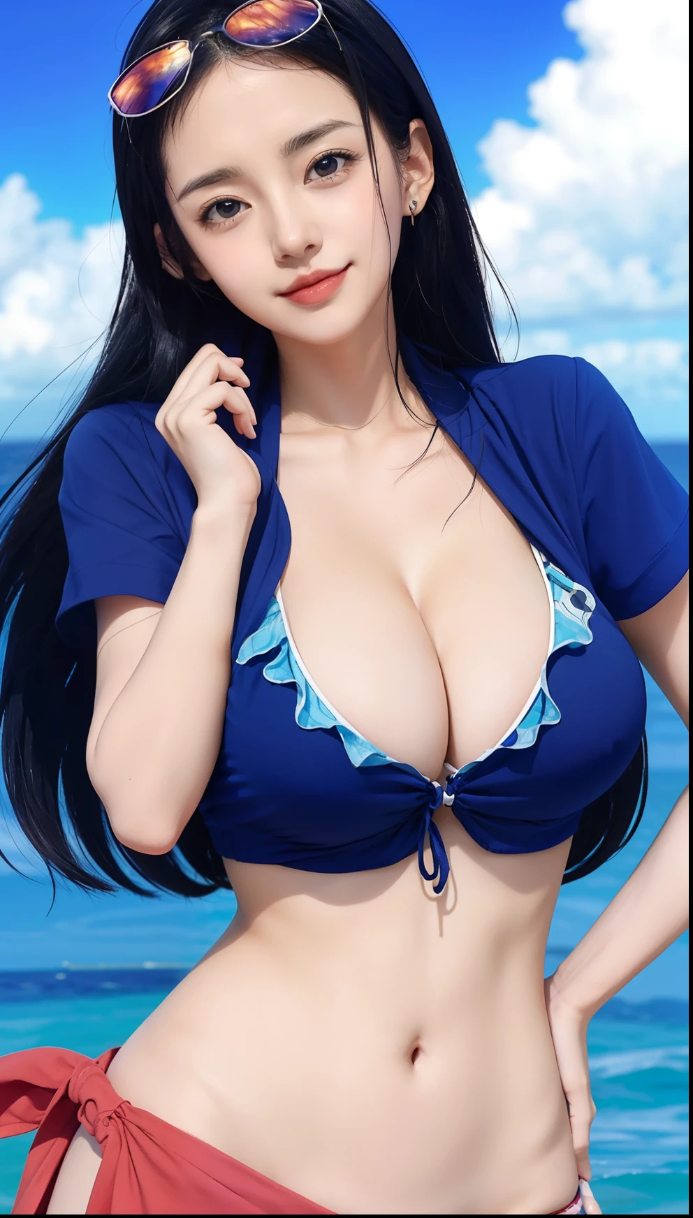 A woman in a bikini top and sunglasses standing on the beach, Nico Robin, Mayuri Shiina, anime sedutora, hinata hyuga, Oppai, Marin Kitagawa Fanart, seios grandes!!, lindo anime sedutor adolescente, mulher bonita sedutora do anime, com seios grandes, clivagem, seios grandes!, anime melhor garota, menina atraente, com seios grandes