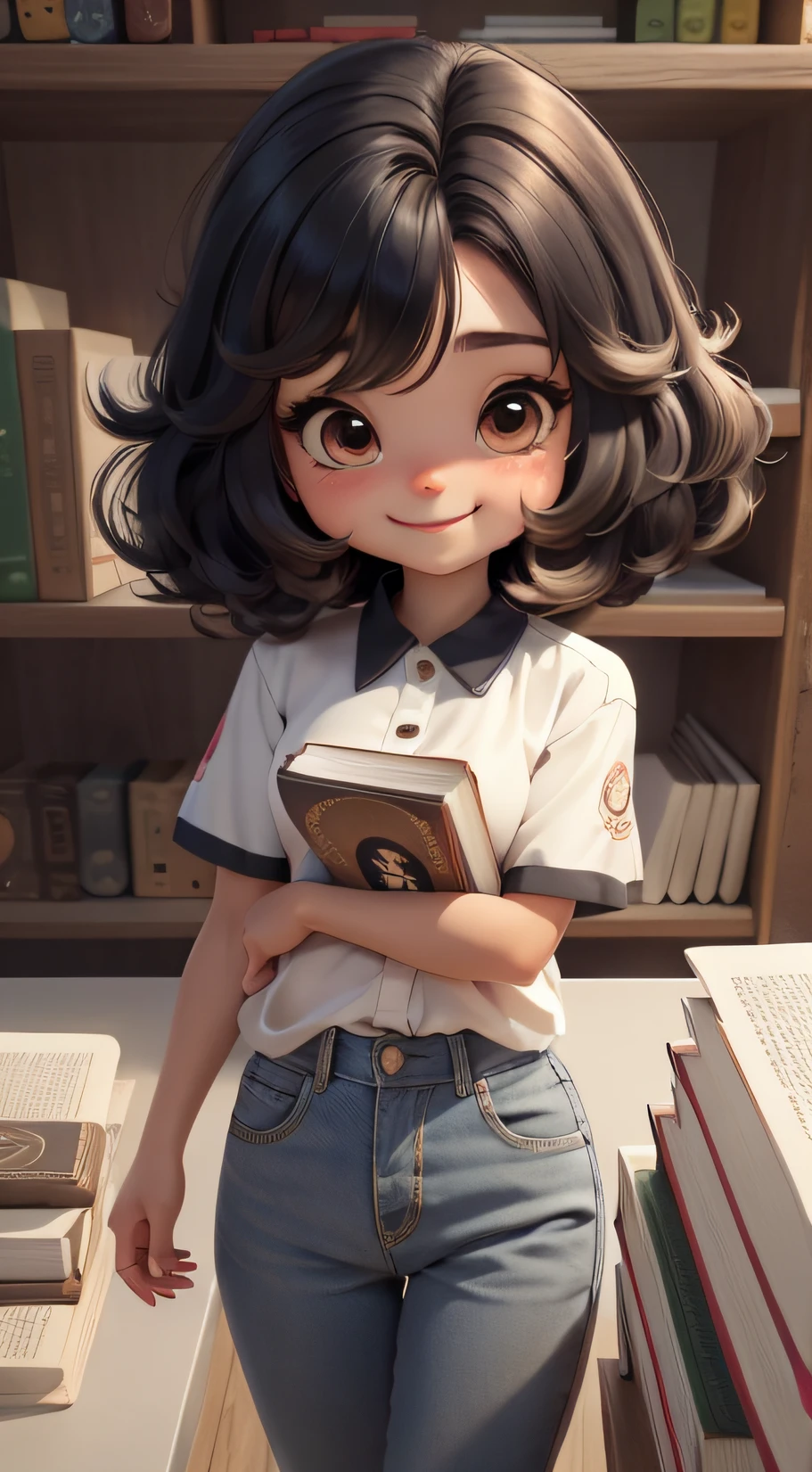 Um menina Chibi, sorridente, cabelos pretos, camisa branca, corpo inteiro, segurando um livro, cabelo longo