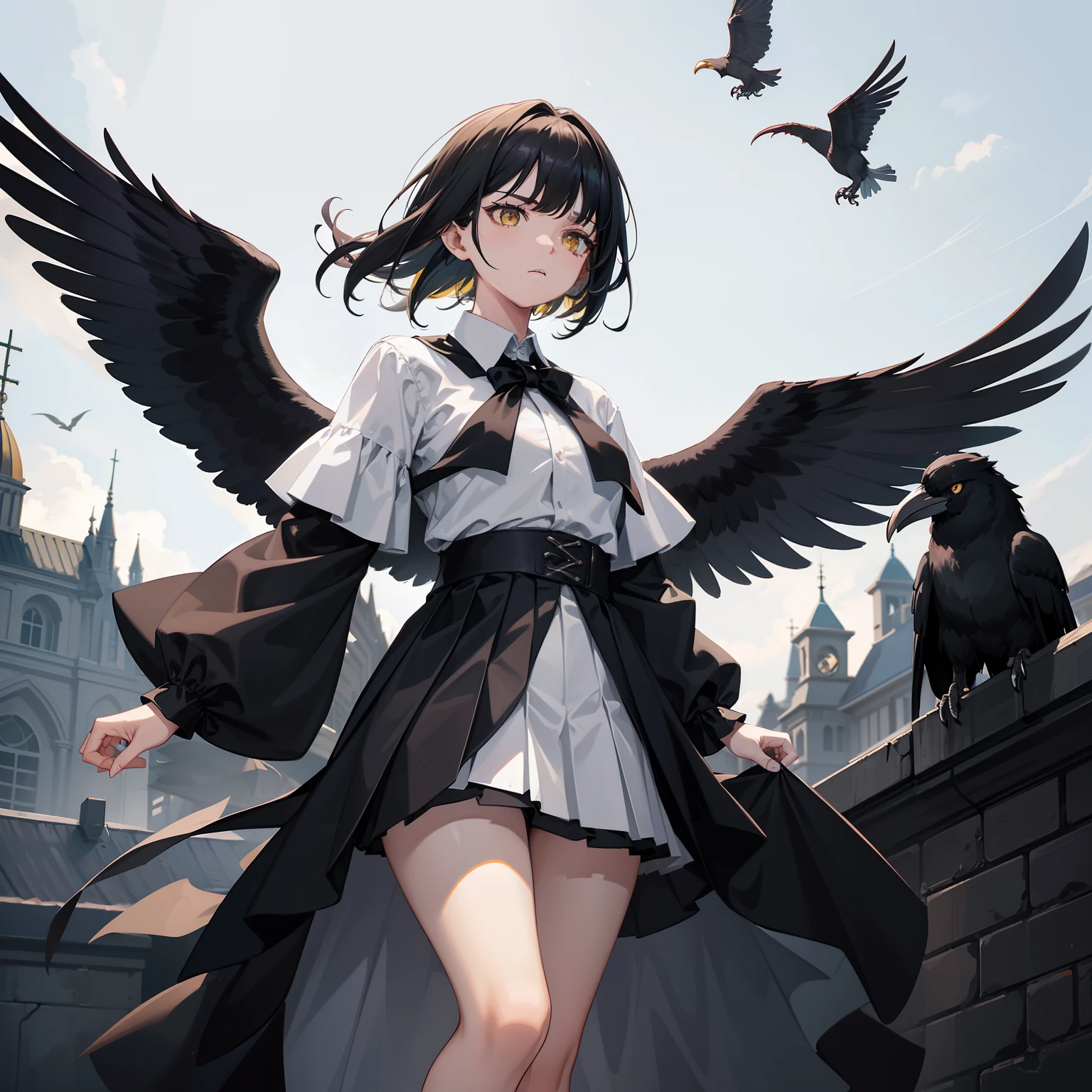 cawing ravens，cabelos preto e longos，Yellow eyes，black toga，White shirt，a black pleated skirt，Surrounded by crows，Melancholy Look，School rooftop，dance，