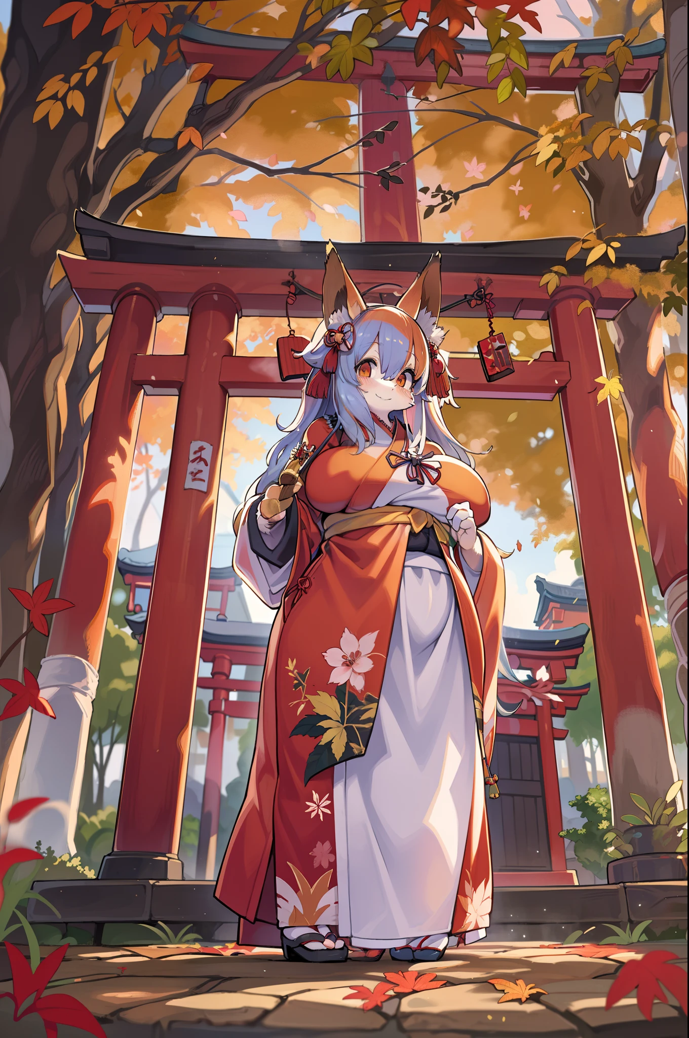 Fox Woman、body covered with fur、huge-breasted、kawaii、shrine maiden、Japan white clothes,Red Hakama、torii gate,autumn day、From below、Wide Shot、Very Wide Shot、A big smile、bbw、thick thight、big butts、Ultramammy、Under the maple tree