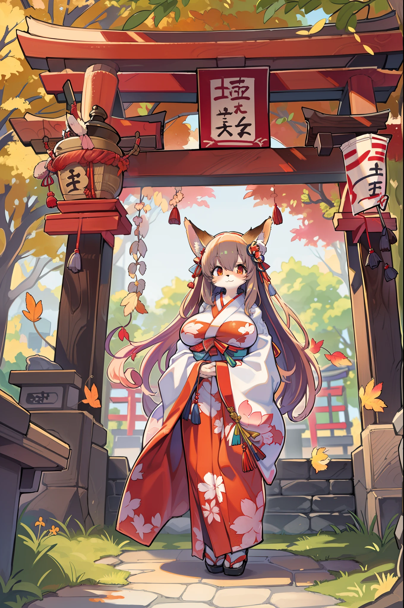 Fox Woman、body covered with fur、huge-breasted、kawaii、shrine maiden、Japan white clothes,Red Hakama、torii gate,autumn day、From below、Wide Shot、Very Wide Shot、A big smile、bbw、thick thight、big butts、Ultramammy、Under the maple tree