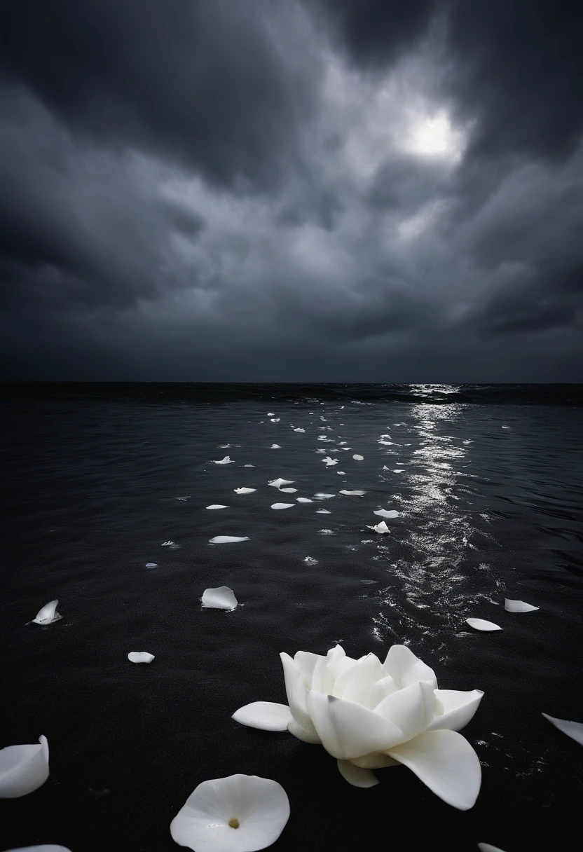White gardenia petals floating in the sea,Broken petals scattered over the sea,Rain hit the sea,Dark and dark sky