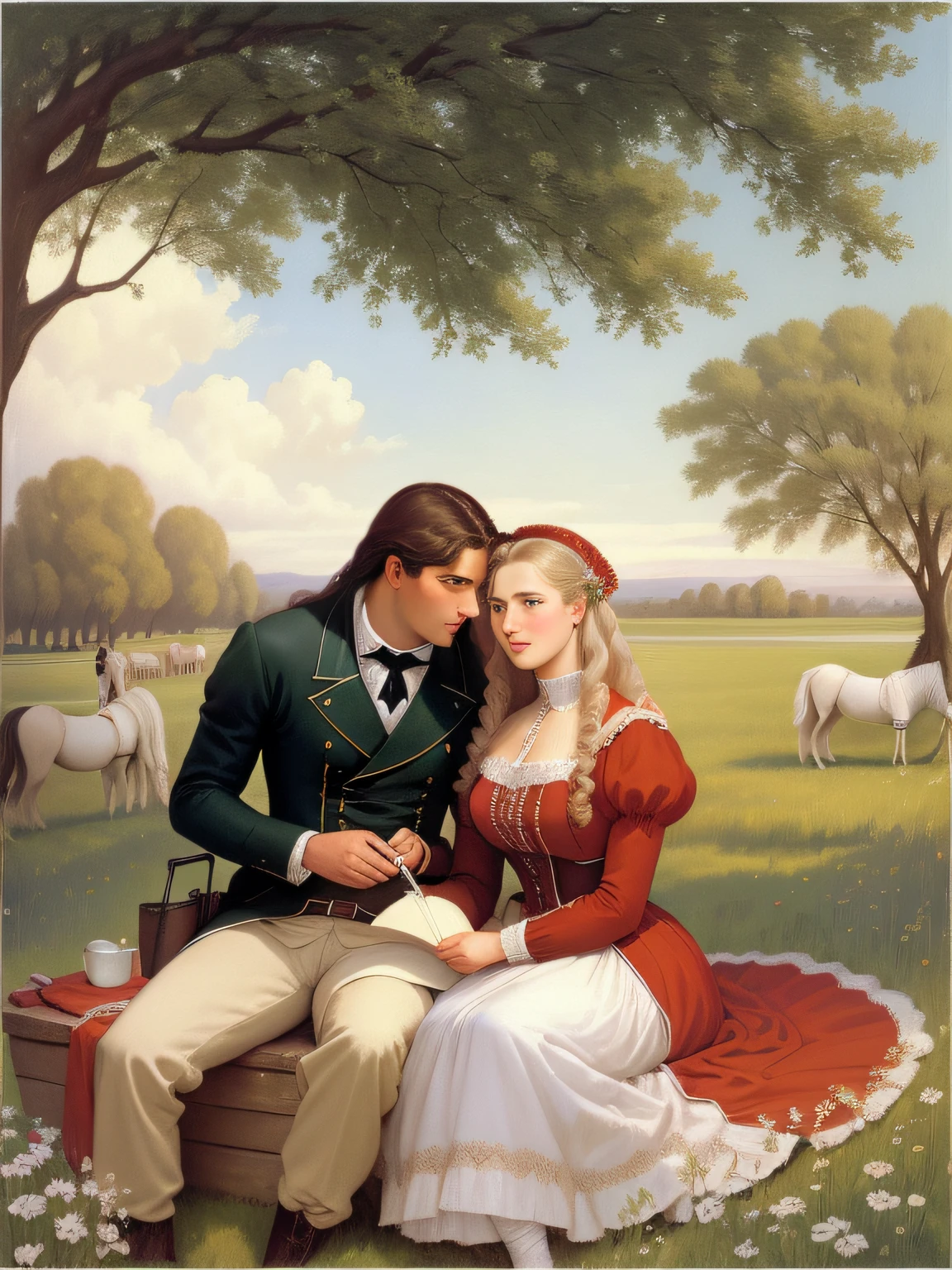 painting of a man and woman sitting in a field with horses, romance novel cover, by Mort Artists, romantic era painting, inspired by Mort Artists, published art, an american romanticism painting, ( art fitzpatrick ), romanticism painting, by Witold Pruszkówski, by Carlos Enríquez Gómez