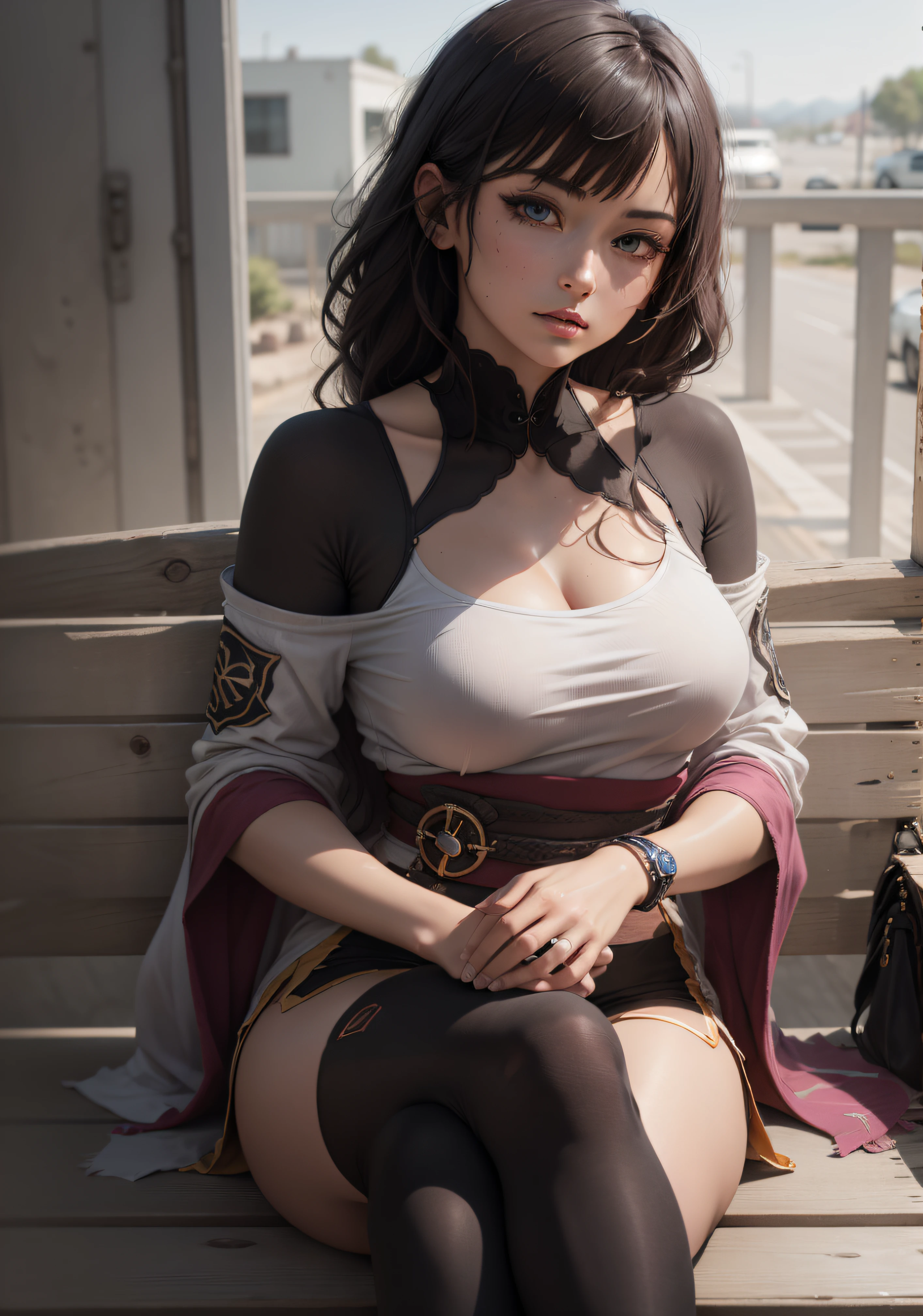 3girls, ((maximum quality, hyper-realistic, 8k, high definition, intricate details)), masterpiece, a beautiful young indigenous Japanese woman, Ainu, with full lips, full huge breasts, beautiful eyes, with flowing short hair, elf ear, wearing a bandana on her forehead, earrings, an animal revealing skin coat, animal skin heels boots, from behind, s ass, looking back, is squatting over the floor through a bamboo forest, full of vegetation, in a dense forest, she is sticking her thong out and mouth open, whole body shot from under