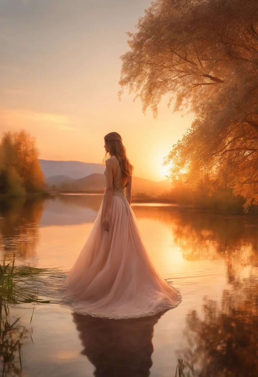 1 girl, serene expressions, mesmerizing eyes, Straight long hair, A flowing dress, poised posture, Porcelain Skin, subtle blush, Crystal Pendant BREAK Golden Hour, (Rim lighting):1.2, Warm tones, solar flare, Soft shadows, Vibrant colors, painterly effect, dreamy atmosphere BREAK scenic lake, mountain in the distance, willow trees, calm water, reflection, sunlit clouds, peaceful ambiance, idyllic sunset, ultra-detailliert, Official art, Unity 8k壁纸 , Zentangle, mandalas