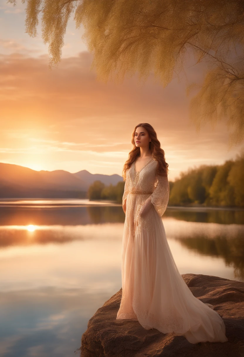 1 girl, serene expressions, mesmerizing eyes, Straight long hair, A flowing dress, poised posture, Porcelain Skin, subtle blush, Crystal Pendant BREAK Golden Hour, (Rim lighting):1.2, Warm tones, solar flare, Soft shadows, Vibrant colors, painterly effect, dreamy atmosphere BREAK scenic lake, mountain in the distance, willow trees, calm water, reflection, sunlit clouds, peaceful ambiance, idyllic sunset, ultra-detailliert, Official art, Unity 8k壁纸 , Zentangle, mandalas