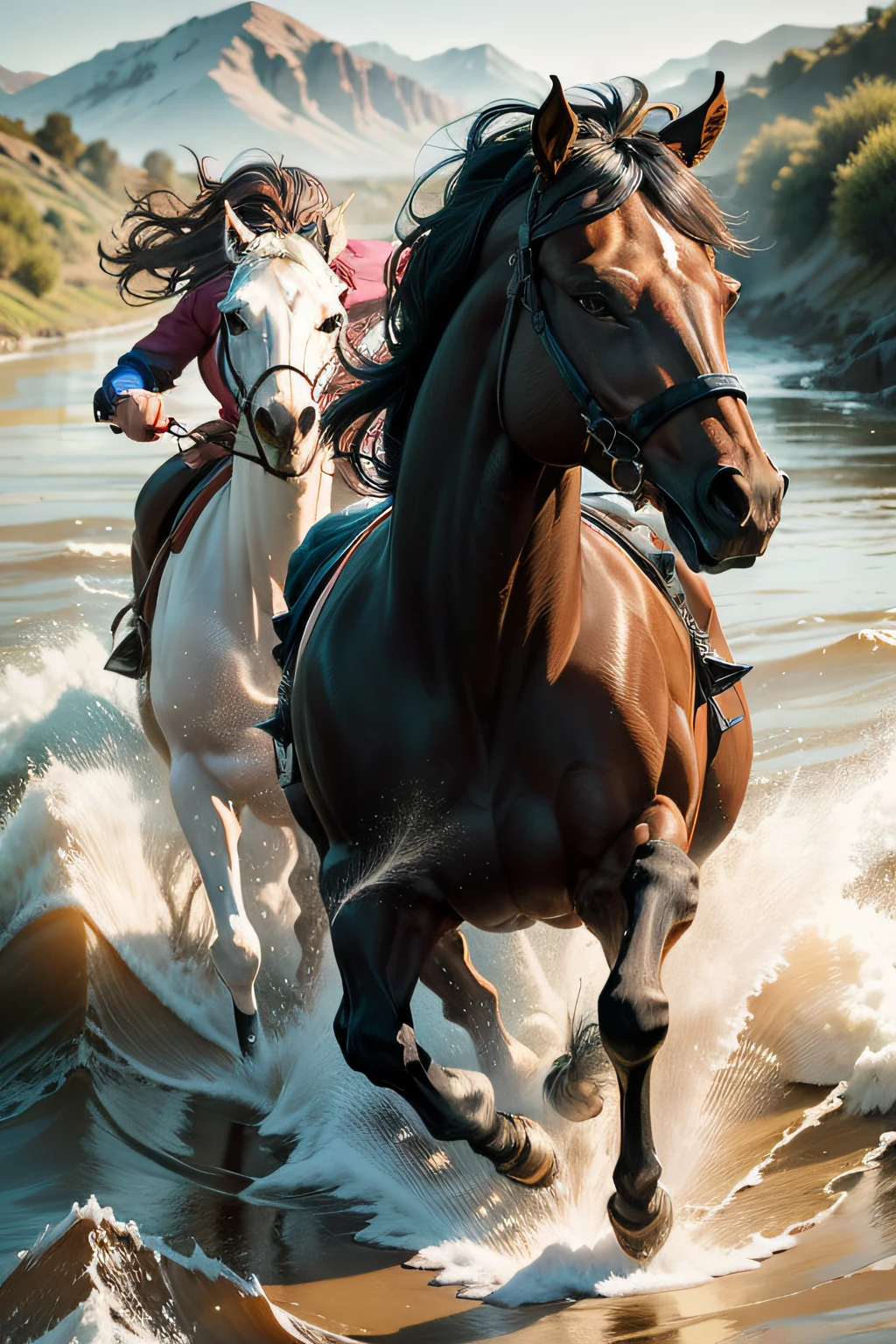 wild horses running on a river