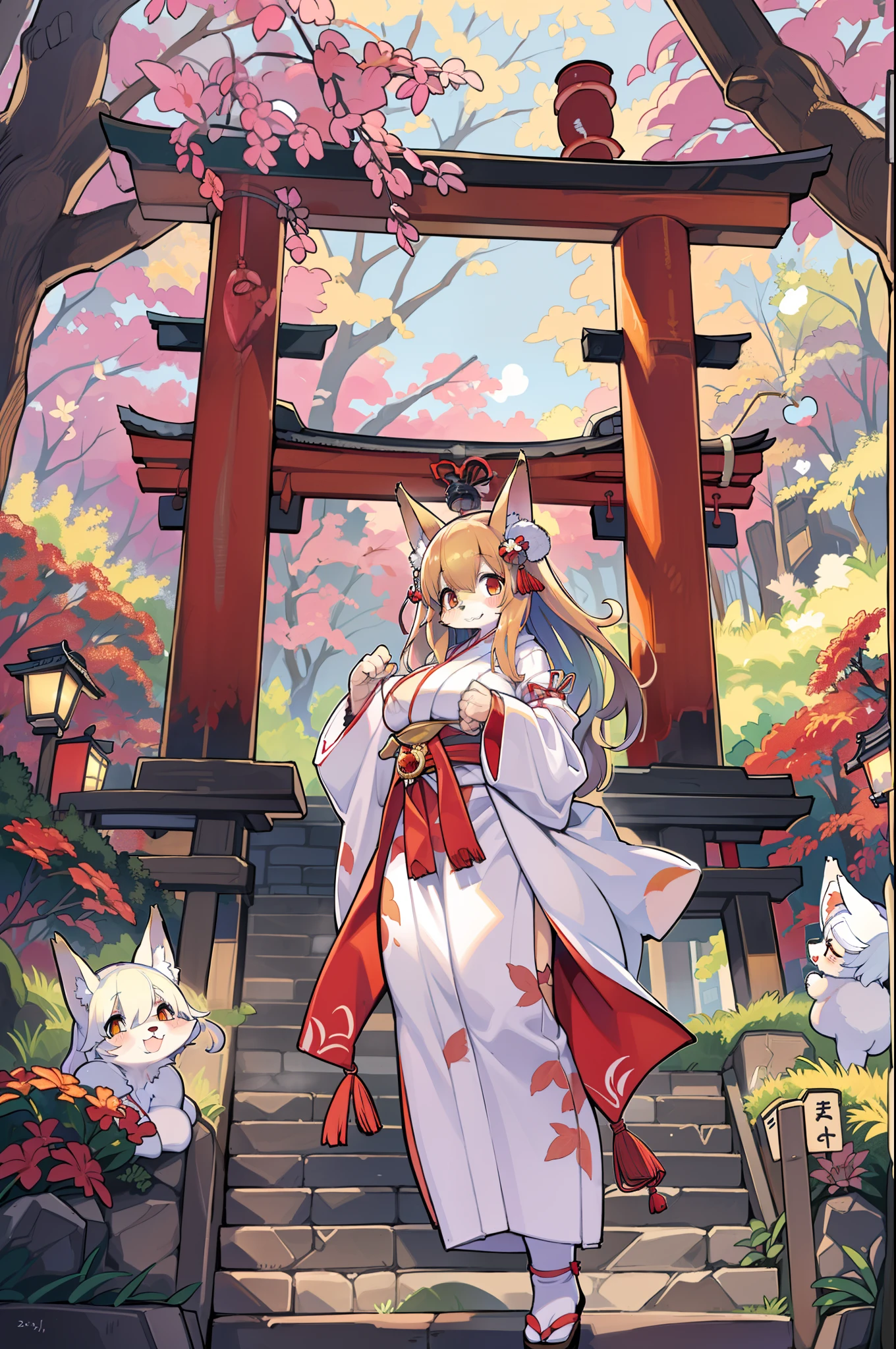 Fox Woman、body covered with fur、huge-breasted、kawaii、shrine maiden、Japan white clothes,Red Hakama、torii gate,autumn day、From below、Wide Shot、Very Wide Shot、A big smile、bbw、thick thight、big butts、Ultramammy、Under the maple tree