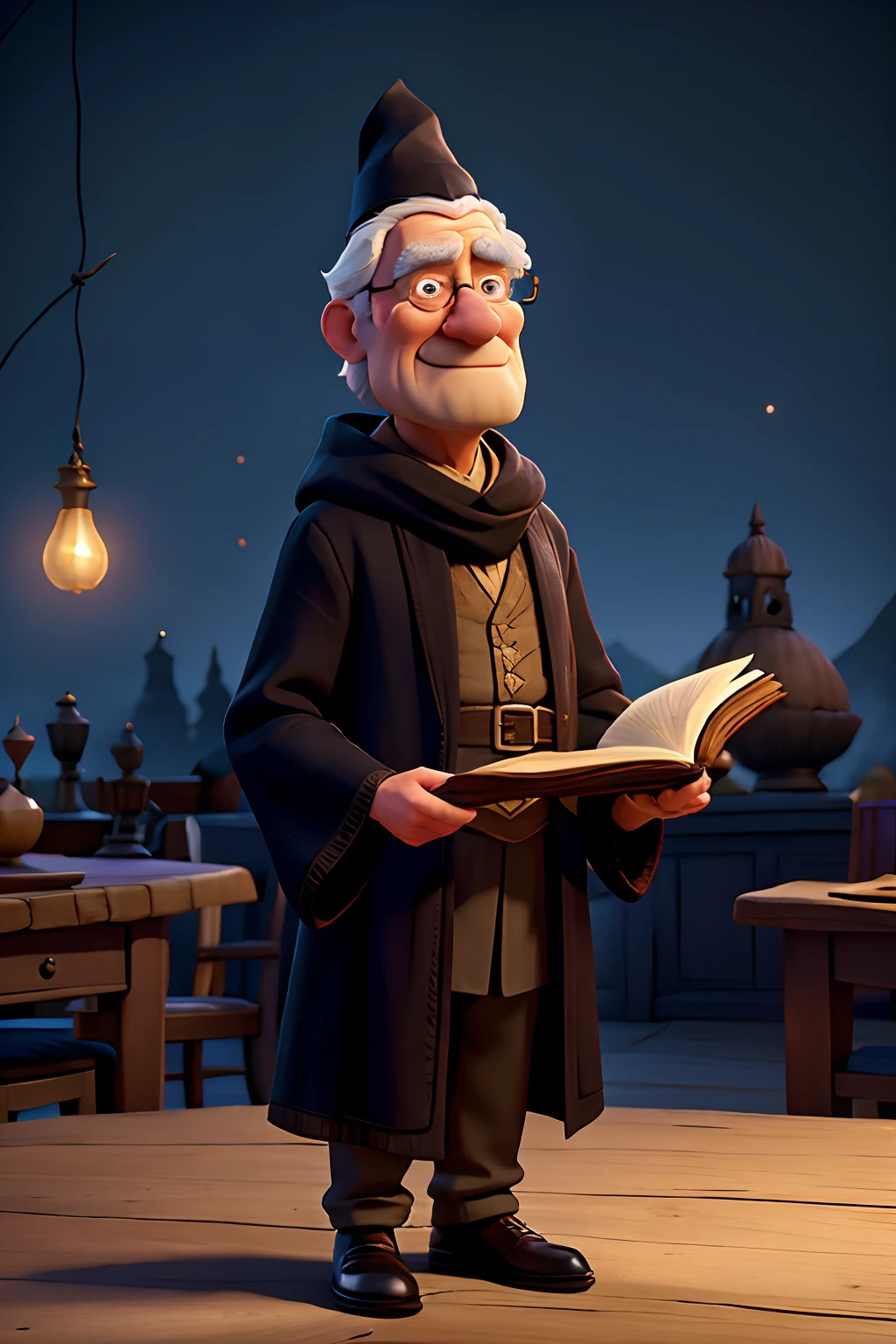 A man who is a mysterious old wizard, wearing an ornamental black robe and pointy hat, standing behind a table, holding an open book, background is a single mountain in distance, mood is diplomatic, regulated, temperate, daytime light, character design.