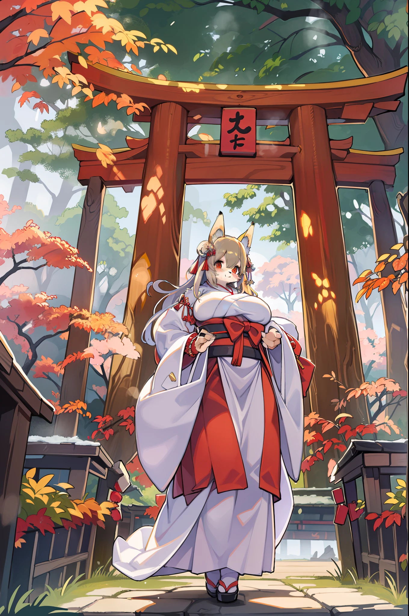 Fox Woman、body covered with fur、huge-breasted、kawaii、shrine maiden、Japan white clothes,Red Hakama、torii gate,autumn day、From the top、Wide Shot、Very Wide Shot、A big smile、bbw、thick thight、big butts、Ultramammy、Under the maple tree