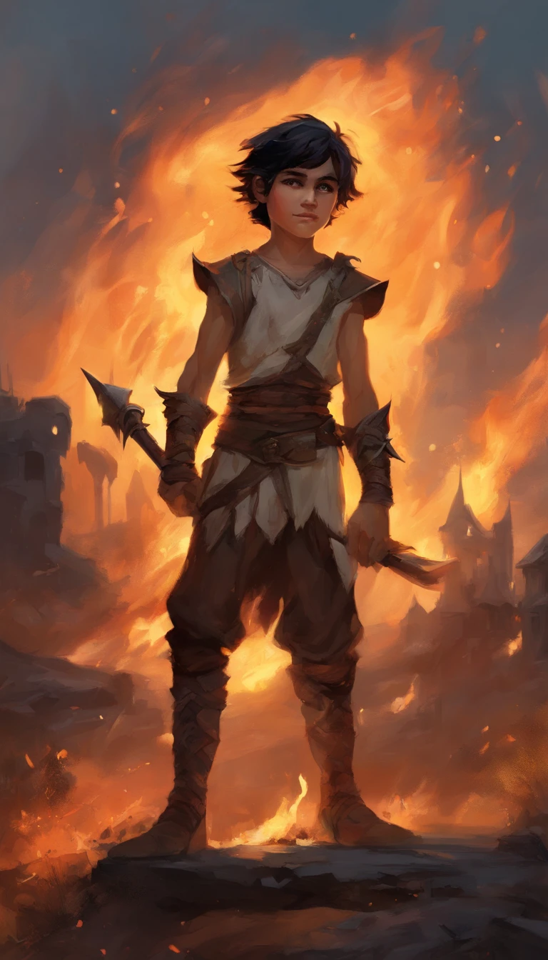 (twelve-year-old child), boy, white tank top and white shorts dirty with blood and dirt, short black hair, dark brown eyes, bloodthirsty look, reasonably strong body, mounted on a strong black horse, rusty spear in hands, ((horse jumping over burning pieces of wood)), (destroyed village in flames), ((((goblins on the ground)))), night, (human ears)