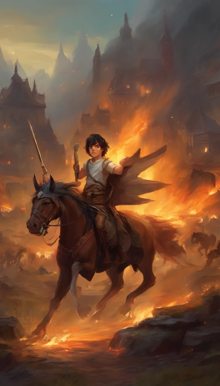 (-year-ohild)ite tank top and white shorts dirty with blood and dirt, short black hair, dark brown eyes, bloodthirsty look, reasonably strong body, mounted on a strong black horse, rusty spear in hands, ((horse jumping over burning pieces of wood)), (destroyed village in flames), ((((goblins on the ground)))), night, (human ears)