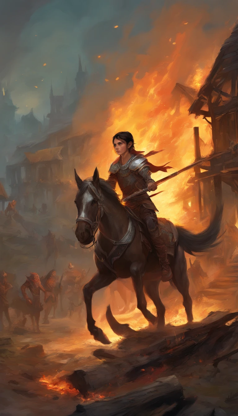 (-year-ohild)ite tank top and white shorts dirty with blood and dirt, short black hair, dark brown eyes, bloodthirsty look, reasonably strong body, mounted on a strong black horse, rusty spear in hands, ((horse jumping over burning pieces of wood)), (destroyed village in flames), ((((goblins on the ground)))), night, (human ears)