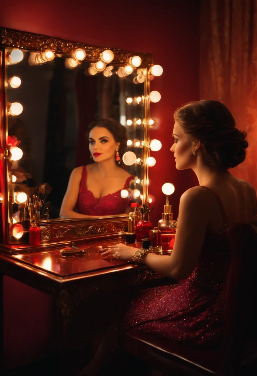 Girl sitting in front of dressing table mirror to make up