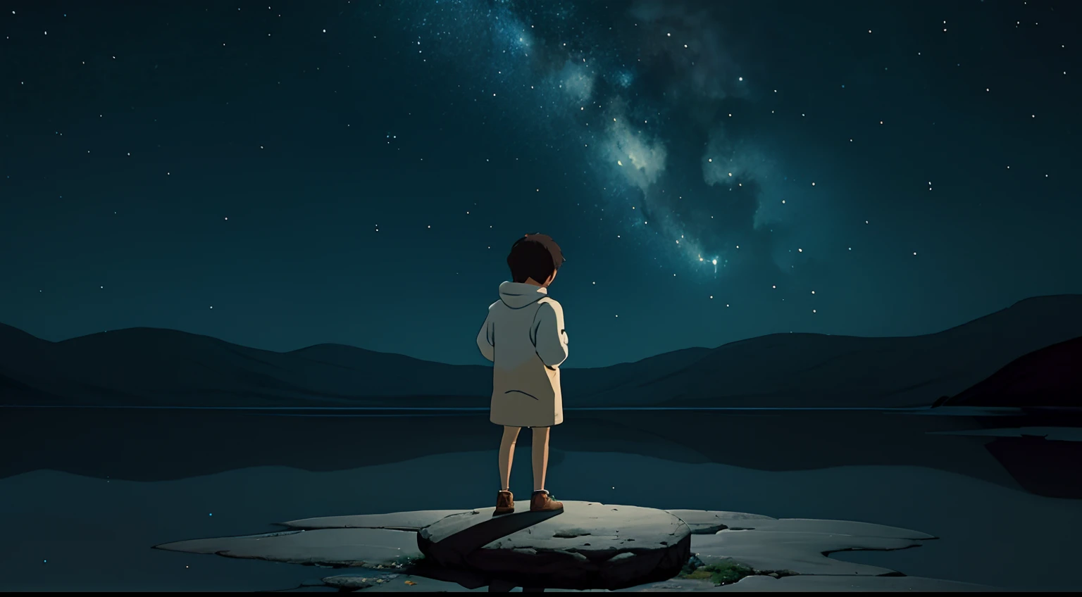 Create a captivating Studio Ghibli-style illustration that conveys a sense of introspection and wonder. The focal point of the scene is a small, Lonely planet suspended in space. O planeta parece sereno e distante, reflecting the isolation of the boy who is its only inhabitant.O , beautifully detailed and portrayed with a sense of innocence, is on the surface of this small world. He looks up towards the expansive night sky, lost in your thoughts and contemplation. The night sky is filled with a breathtaking display of stars, cada um brilhando intensamente.The scene is bathed in the soft glow of moonlight, that casts soft shadows and highlights the depth of the illustration. The boy's face is lit up by the soft, luz ambiente, conveying a sense of tranquility and mystery.The entire illustration is rendered in Studio Ghibli's distinctive style, emphasizing intricate details and a dreamlike atmosphere. As cores utilizadas devem ser sutis e harmoniosas, evoking a sense of calm and serenity.This enchanting work captures a profound moment of solitude and reflection, where the boy is part and separate from the universe, Lost in the beauty of the night sky.